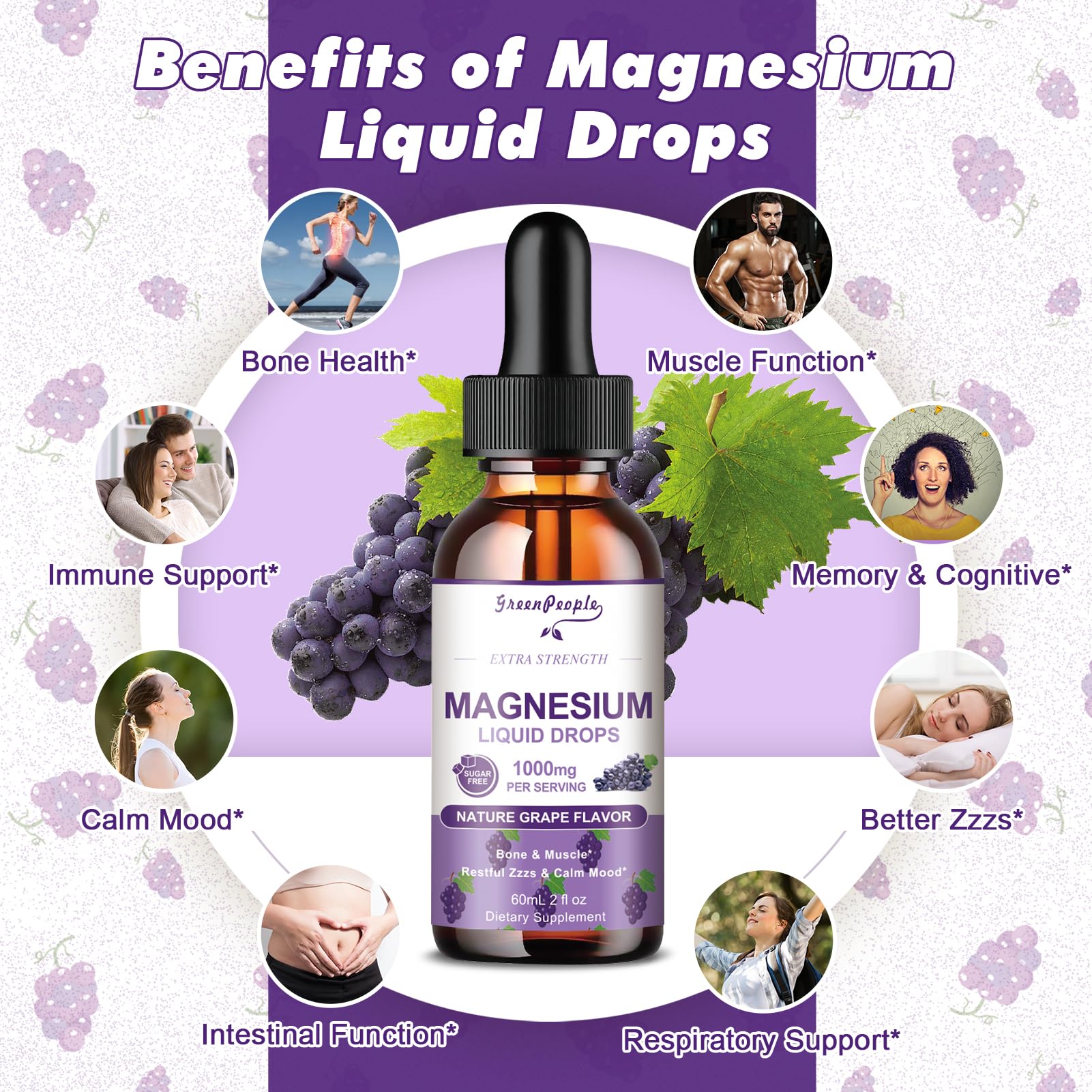 GREENPEOPLE Magnesium Glycinate Liquid Drops - 1000mg 5-in-1 High Absorption Liquid Magnesium for Sleep with D3/K2/B6 | Fast-Acting, Bone, Muscle & Sleep | Sugar-Free Grape Flavor, 2fl Oz GREENPEOPLEAu supplements