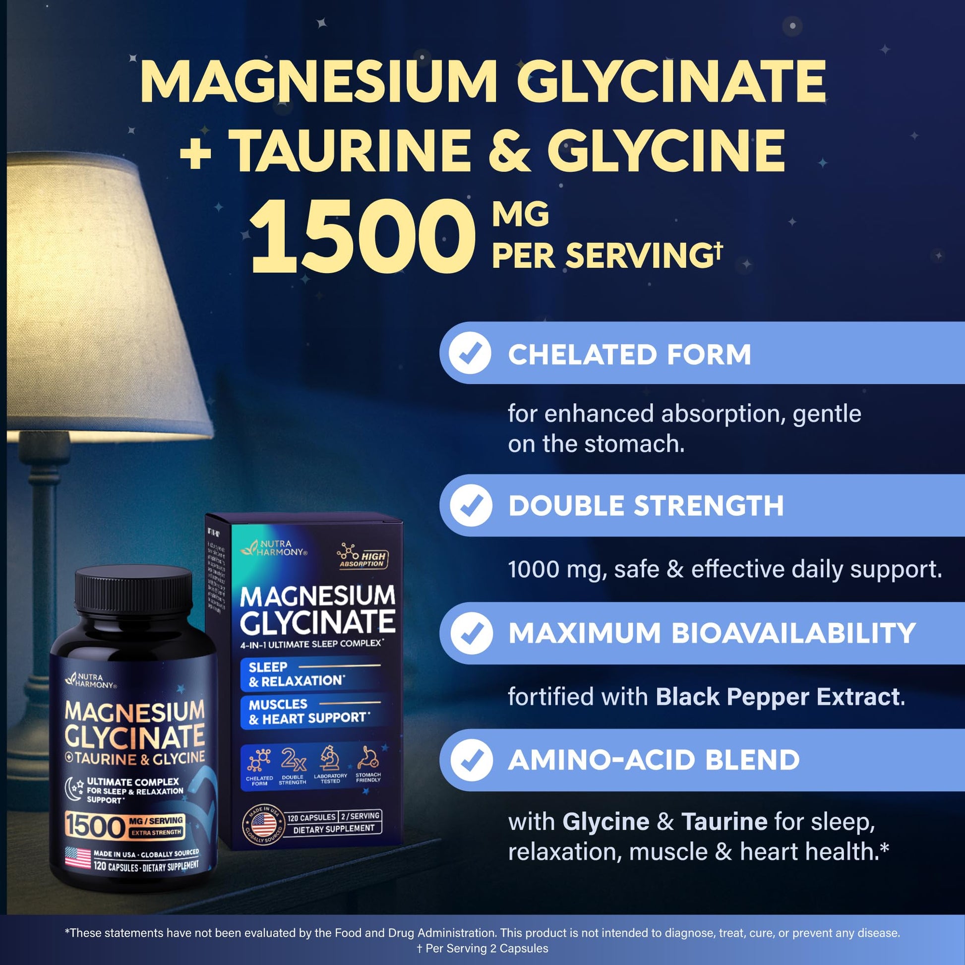 Magnesium Glycinate - Sleep & Relaxation Support - Extra Strength Glycinate, Glycine & Taurine 1500 mg - Magnesium Supplement for Women & Men - Chelated & High Absorption - Made in USA - 120 Capsules NUTRAHARMONYAu supplements