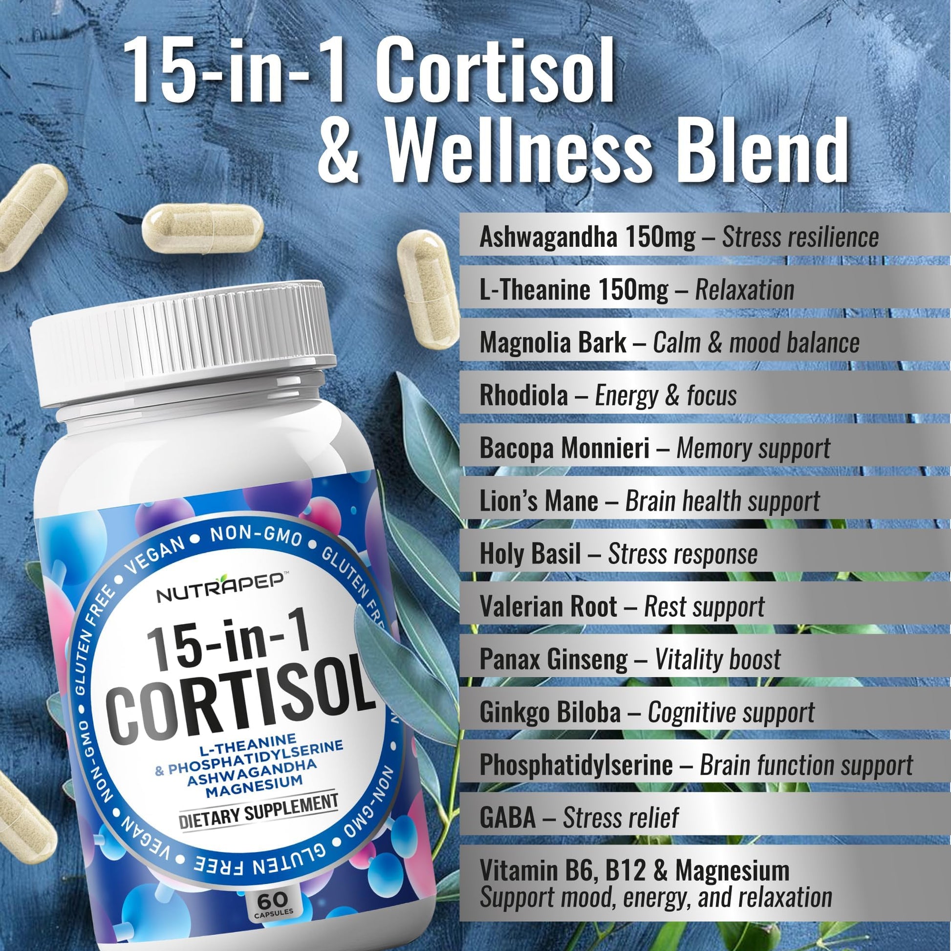 NutraPep Cortisol Detox Supplement Men Women - Reduce Lower Cortisol High Cortisol Reducer Blocker Control - Supports Stress Mood Rest Adrenal Calm Relax with Ashwagandha L-Theanine Magnesium NutraPepAu supplements