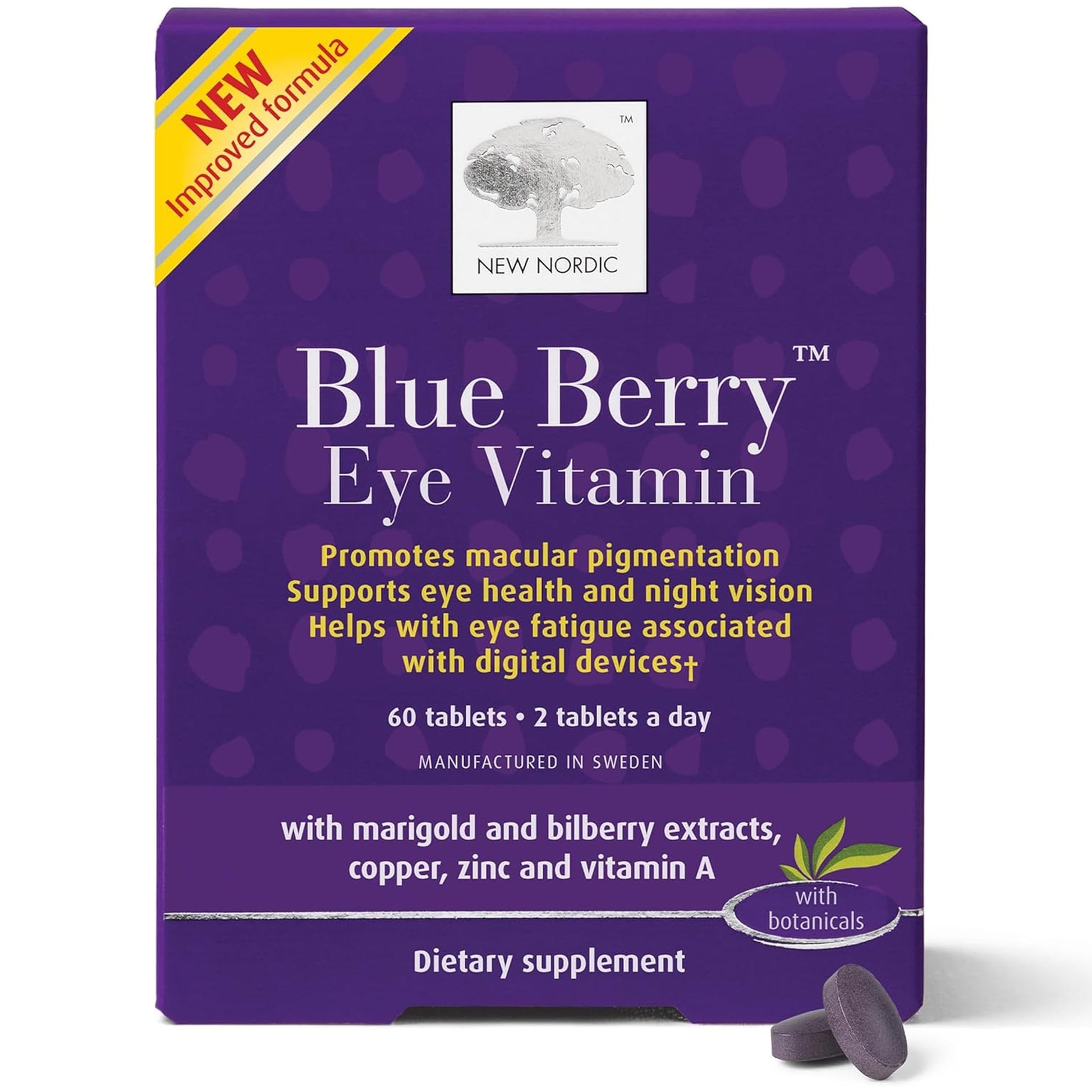NEW NORDIC Blue Berry Eye Vitamin Lutein Supplement with Zinc, Supports Macular Pigmentation, Eye & Vision Function, 60 Tablets (Pack of 1) NEW NORDICAu supplements