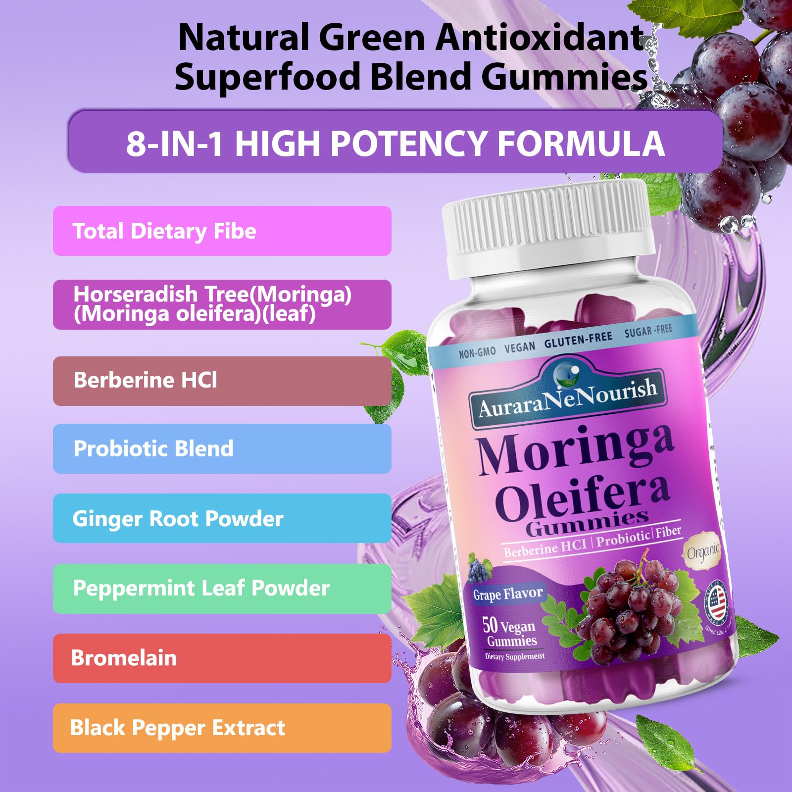 AuraraNeNourish Organic Moringa Oleifera Gummies for Women & Men, 8-in-1 Superfood Blend w. Berberine HCl & Moringa Leaf Extract for GLP-1 Support & Energy Immune Joint & Gut Health Sugar-Free AuraraNeNourishAu supplements