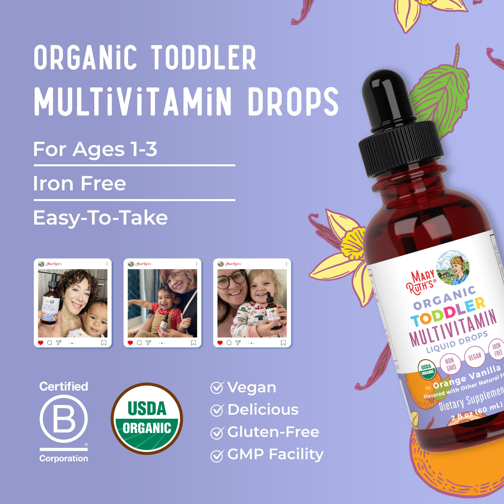 MaryRuth's Toddler Multivitamin | Vitamin A C D E B6 B12 Zinc | Healthy Growth Support | Immunity | Bone Health | Cognitive Function | Organic | Sugar Free | Vegan | Non-GMO | 2 Fl Oz | 30 Day Supply MARYRUTH'SAu supplements