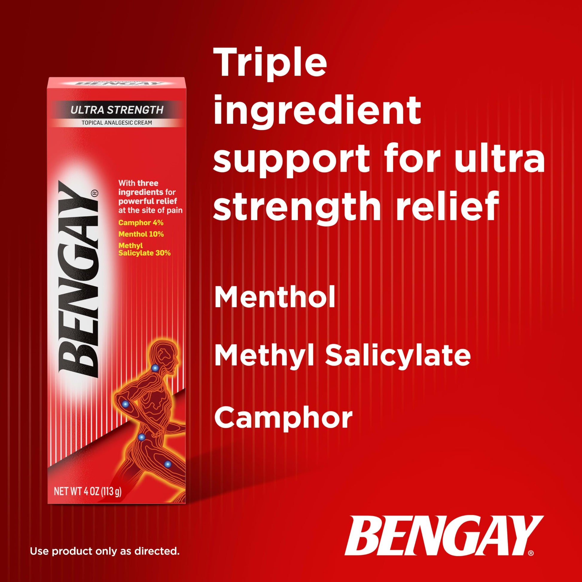 Bengay Ultra Strength Topical Pain Relief Cream, Non-Greasy Topical Analgesic for Minor Arthritis, Muscle, Joint and Back Pain, Camphor, Menthol and Methyl Salicylate, 4 OZ BengayAu supplements