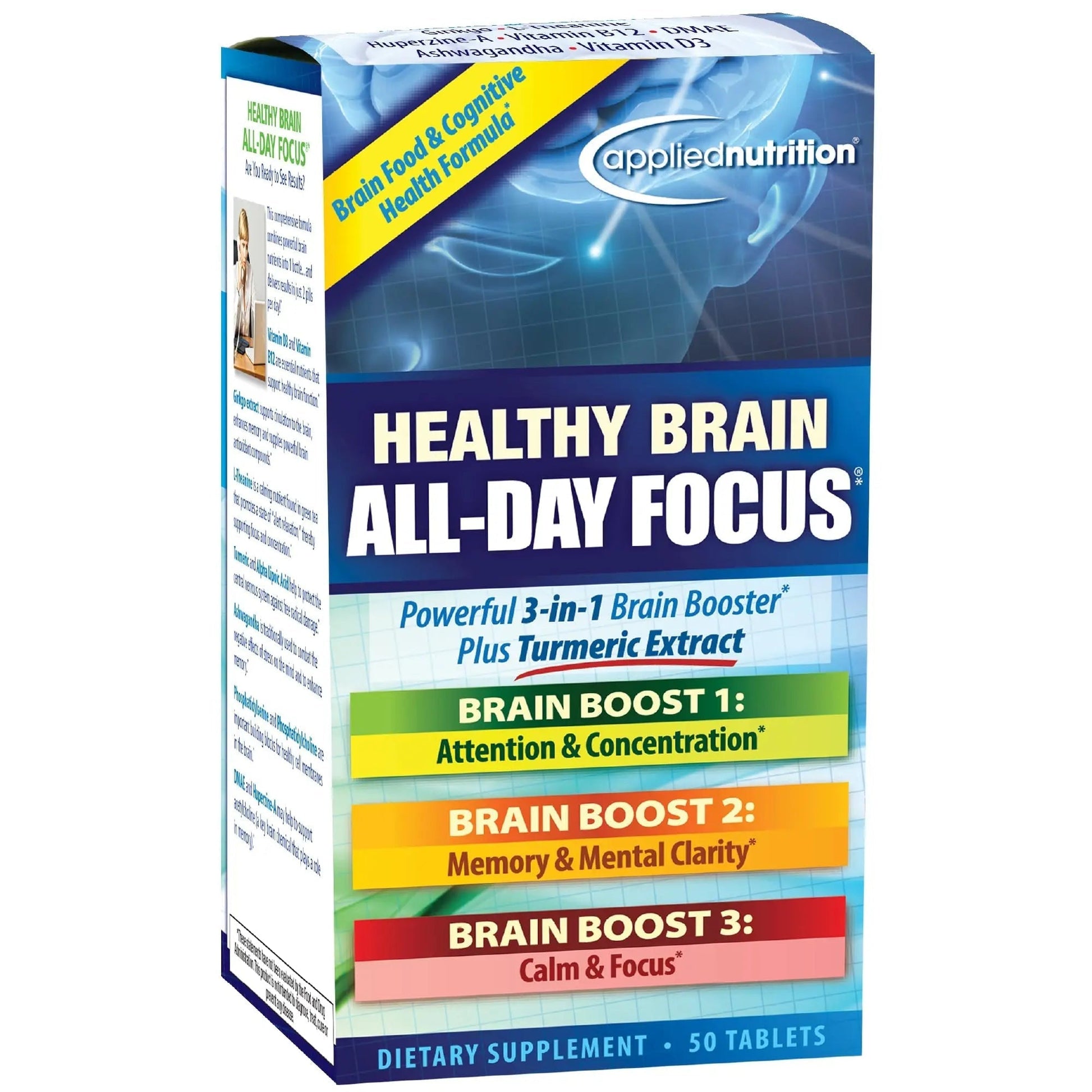 Applied Nutrition Healthy Brain All-Day Focus - 50 Tablets - Powerful 3-in-1 Brain Booster with Turmeric Extract - 25 Servings Applied NutritionAu supplements