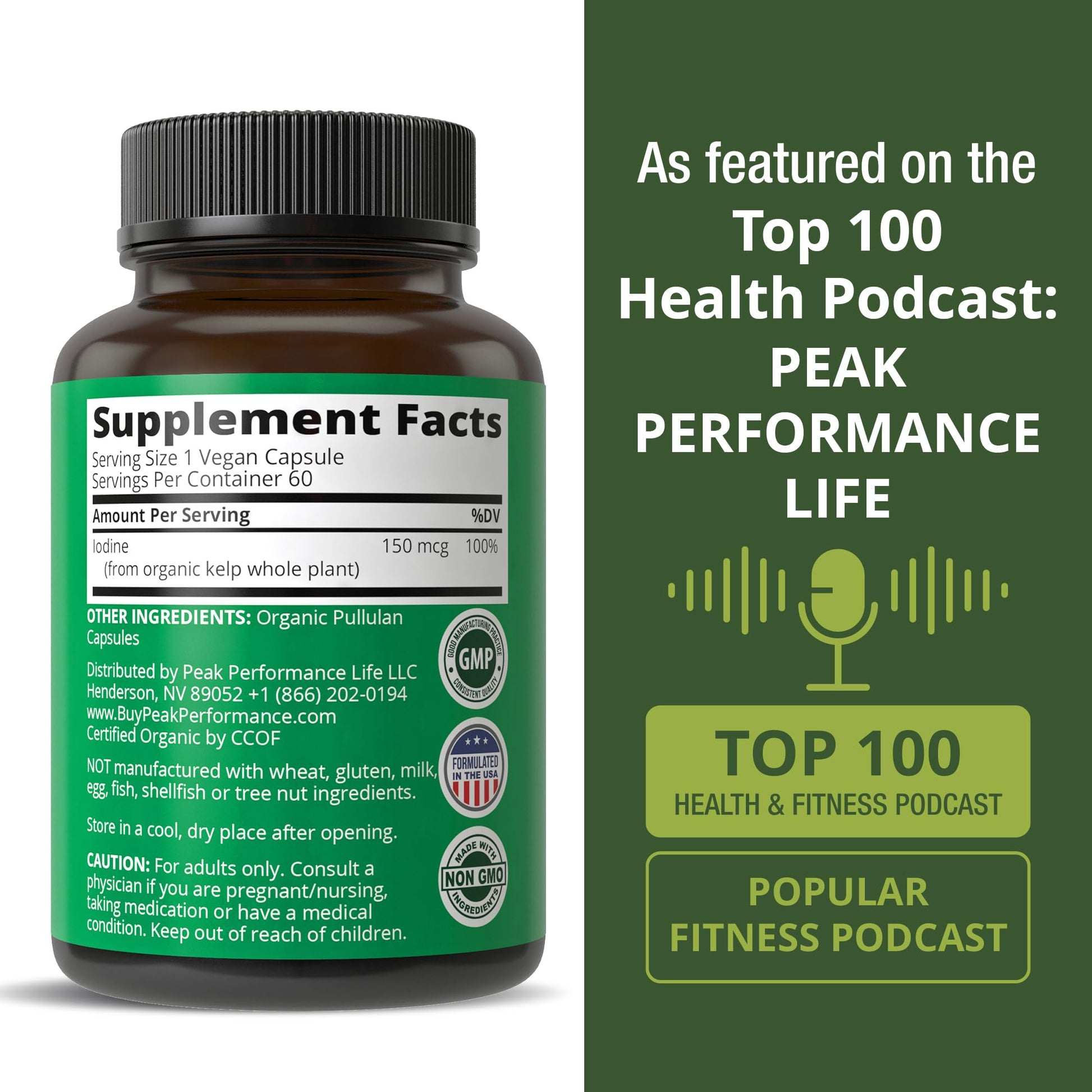 Raw Whole Food Iodine Supplement from Organic Kelp (Ascophyllum Nodosum) by Peak Performance. Potassium Iodide Support Tablets. for Metabolism, Energy, and Immune. 60 Vegan Capsules, Pills. Peak PerformanceAu supplements