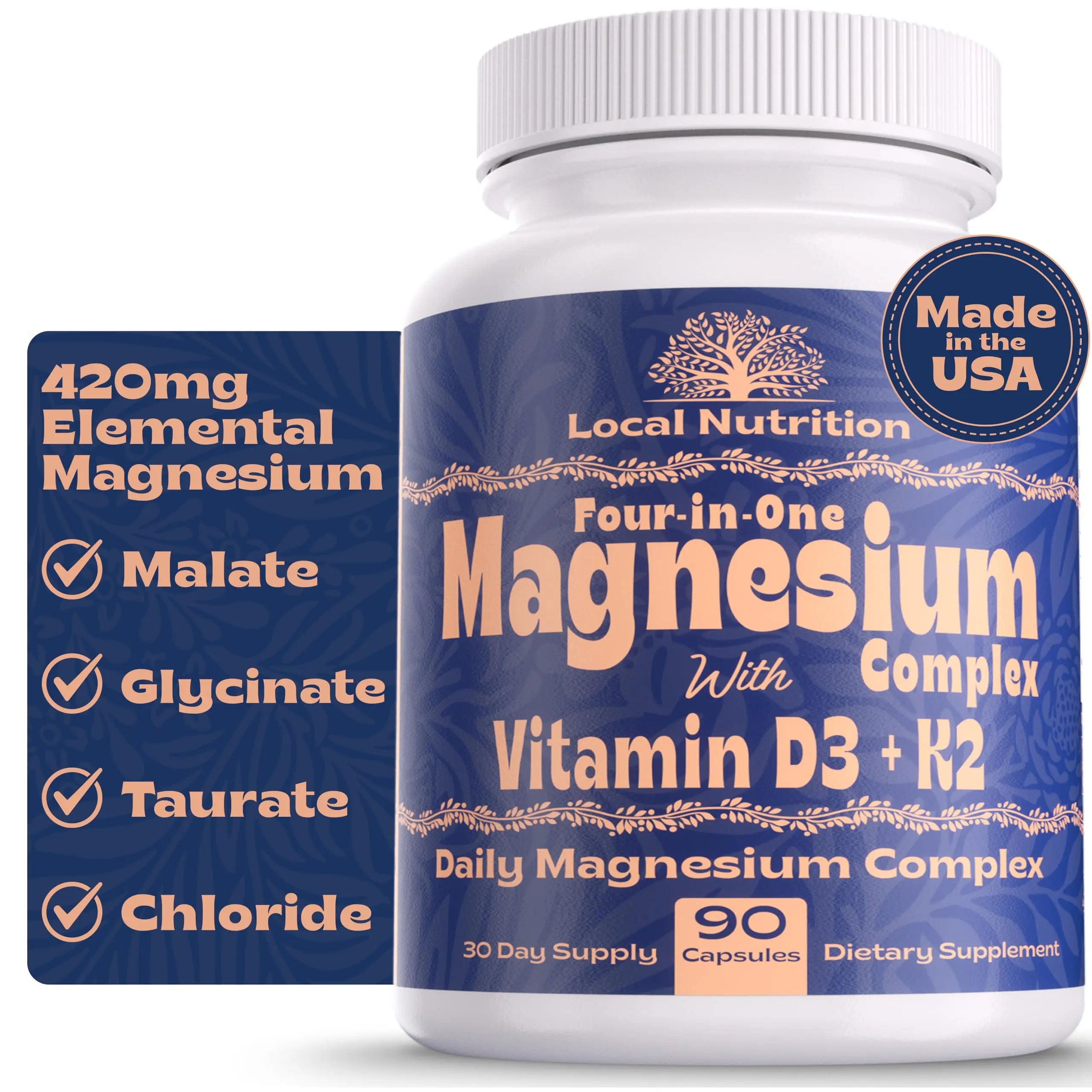 Local Nutrition Magnesium Complex 420mg with Vitamin D3 K2 - Four Bioavailable Forms Including Bisglycinate (Glycinate), Malate, Taurate, and Chloride for Superior Absorption - 90 Capsules Made in USA Local NutritionAu supplements