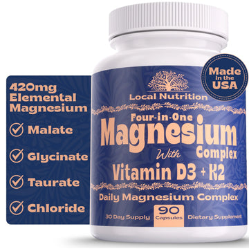 Local Nutrition Magnesium Complex 420mg with Vitamin D3 K2 - Four Bioavailable Forms Including Bisglycinate (Glycinate), Malate, Taurate, and Chloride for Superior Absorption - 90 Capsules Made in USA Local NutritionAu supplements