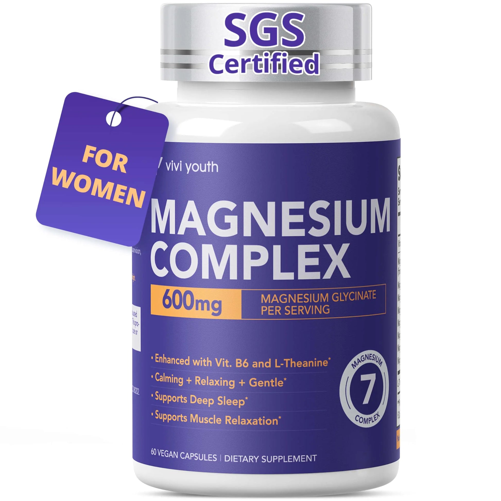 Magnesium 7 Complex for Women 1600mg, Magnesium Glycinate 600mg 7 High Absorption Magnesium Supplement with Citrate, Malate, Chelate, Taurate, Gluconate, Aspartate & Ascorbate for Sleep, 60 Capsules VIVI YouthAu supplements