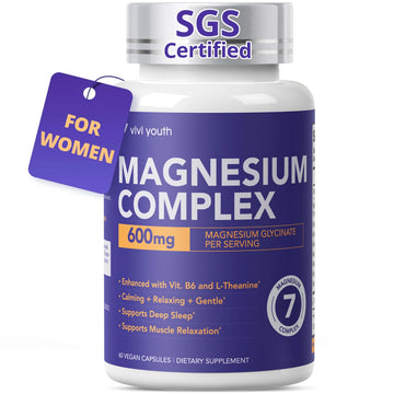 Magnesium 7 Complex for Women 1600mg, Magnesium Glycinate 600mg 7 High Absorption Magnesium Supplement with Citrate, Malate, Chelate, Taurate, Gluconate, Aspartate & Ascorbate for Sleep, 60 Capsules VIVI YouthAu supplements