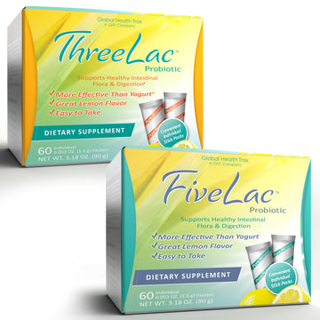 Global Health Trax GHT - FiveLac + Threelac Lemon Probiotic Powder Drink Mix, Probiotics for Women, Men, Kids, Smooth Digestive Support & Elimination, Relieves Constipation & Gas - 60 Packets, Non-GMO ght Global Health TraxAu supplements