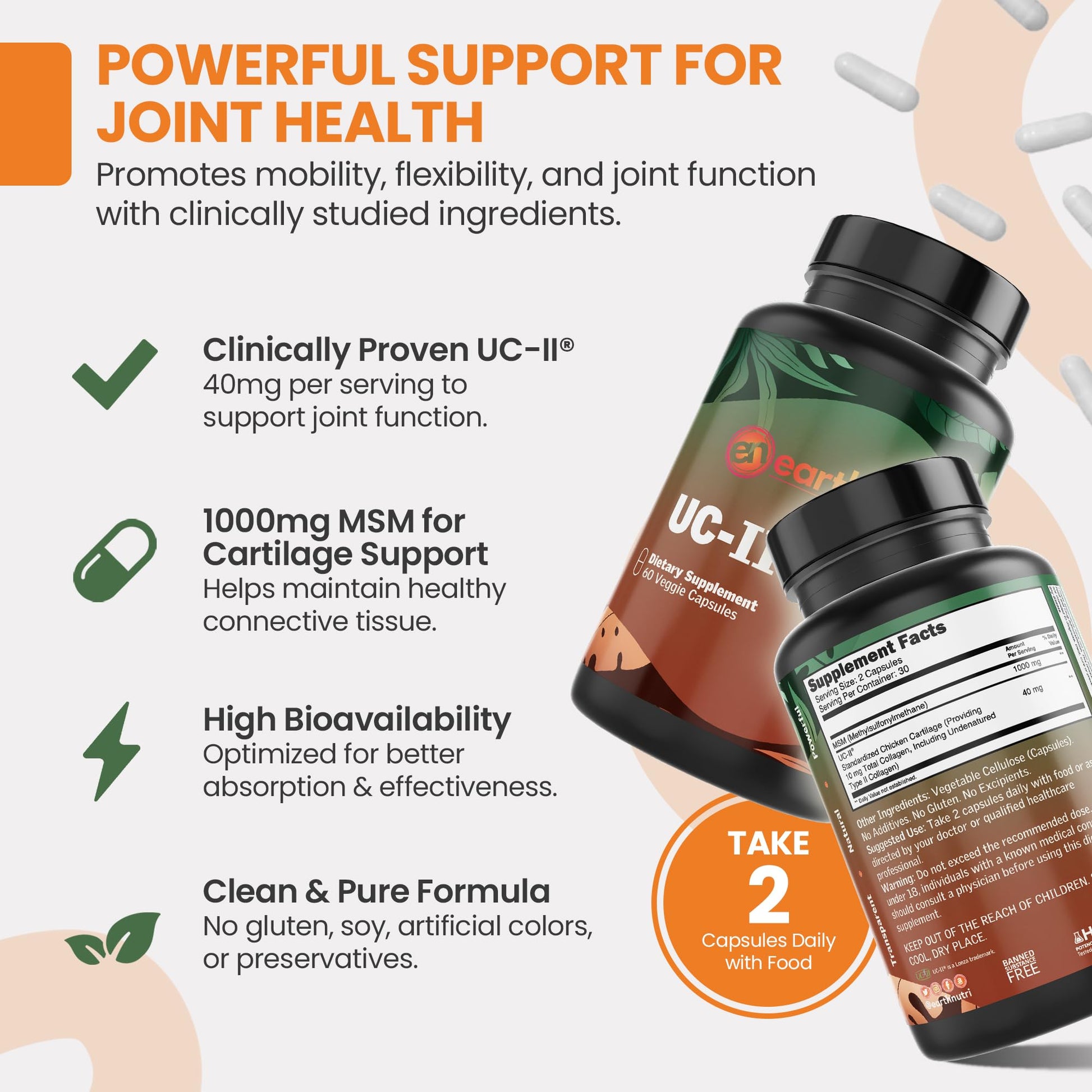 EarthNutri UC-II Collagen & MSM Supplement for Bone Health and Joint Flexibility Joint Supplement - 40mg UC-II Providing 10mg Total Collagen & 1000mg MSM - 60 Capsules (2 Caps Daily) EarthNutriAu supplements