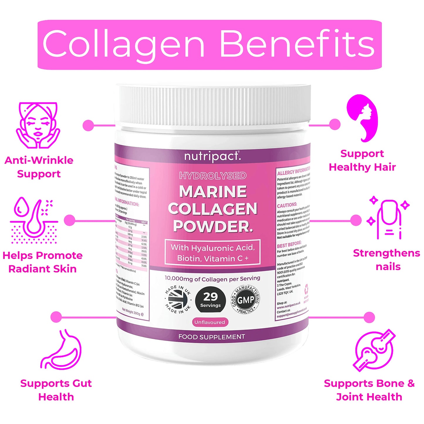 Hydrolysed Marine Collagen Peptides Powder with Hyaluronic Acid, Biotin, Vitamin C & B Vitamins – 10,000mg Collagen nutripactUS supplements