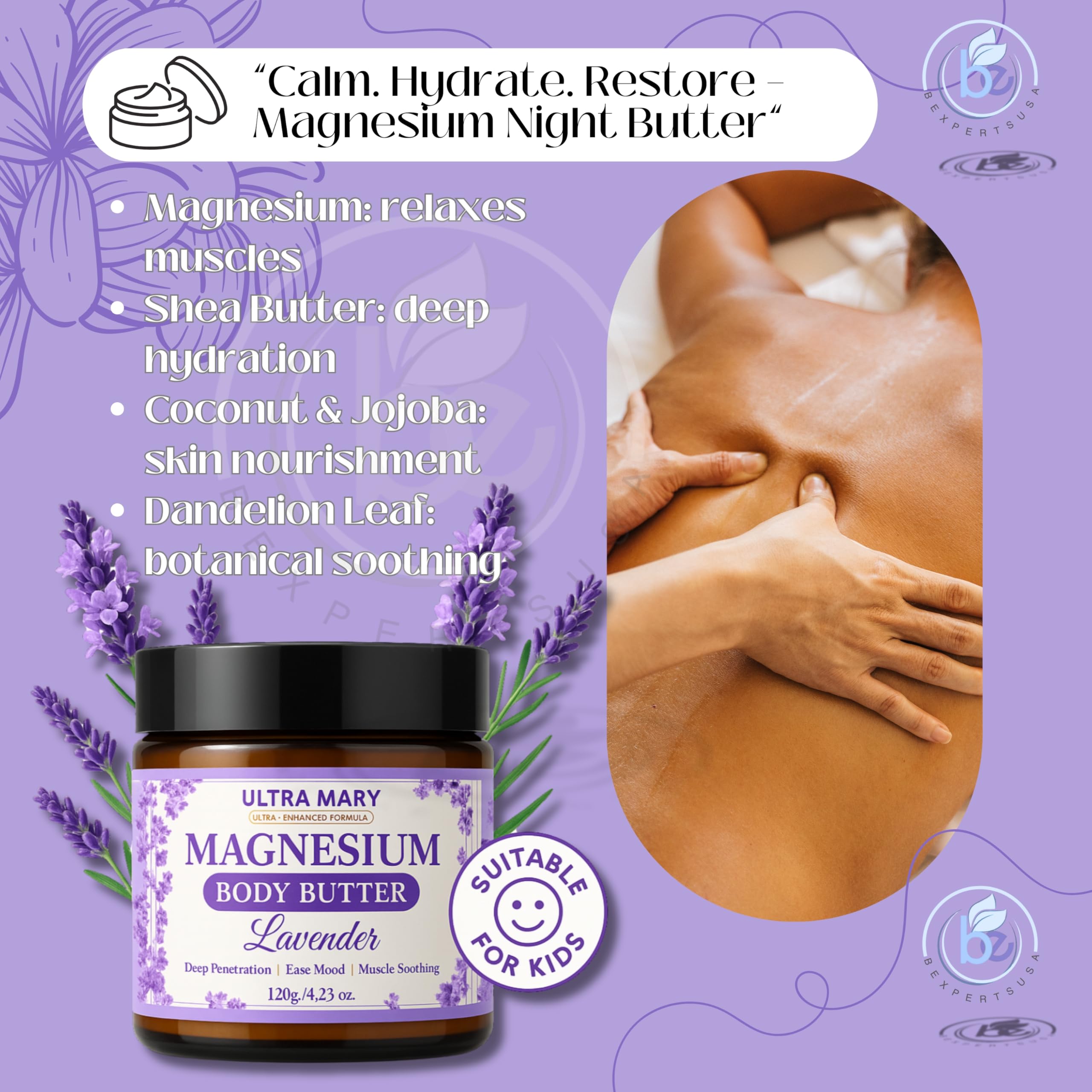 Nighttime Magnesium Cream for Pain, Nerve & Leg Cramps - Magnesium Body Butter for Sleep with Shea Butter, Jojoba Oil, Coconut Extract & Dandelion - Lavender Magnesium Lotion for Kids - 4.23oz ULTRA MARYAu supplements