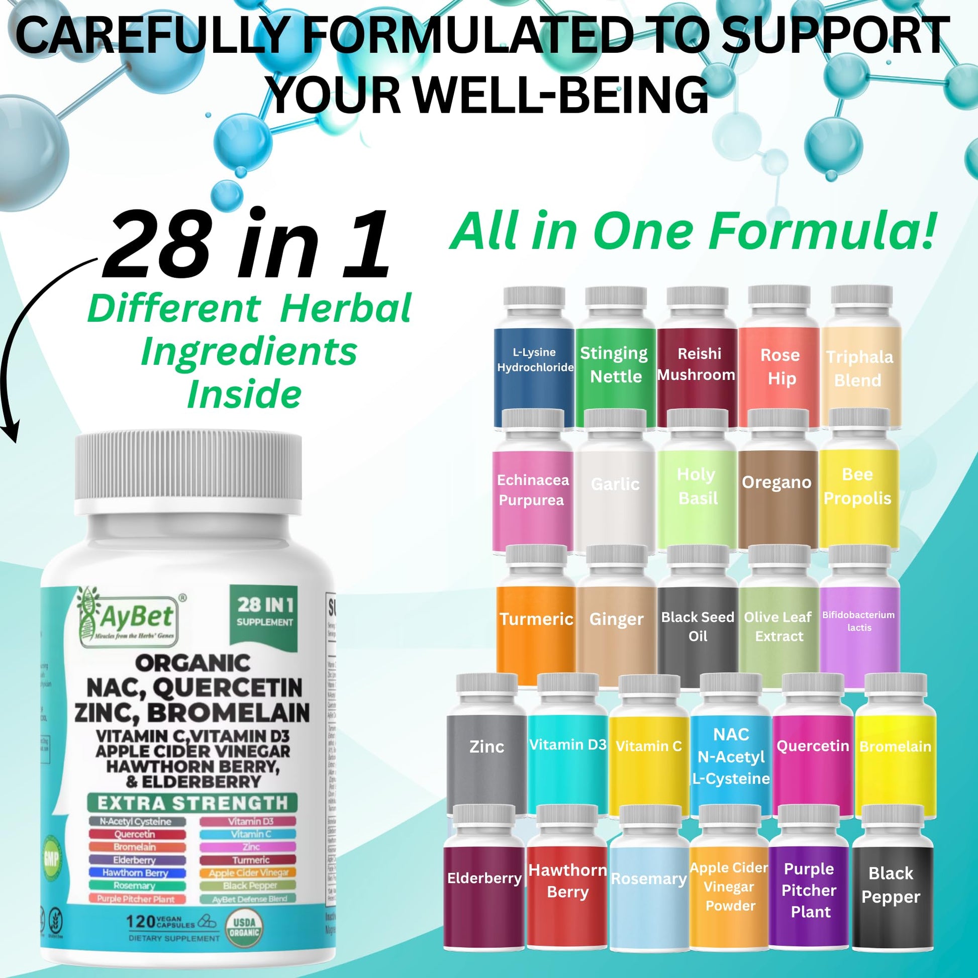 NAC-n-acetyl cysteine- Quercetin Zinc Bromelain Supplement | Extra Strength with Vit C, D3, Apple Cider Vinegar, Elderberry, Hawthorn Berry, Turmeric | Immune Support|120 Vegan Capsules | USDA Organic AyBetAu supplements