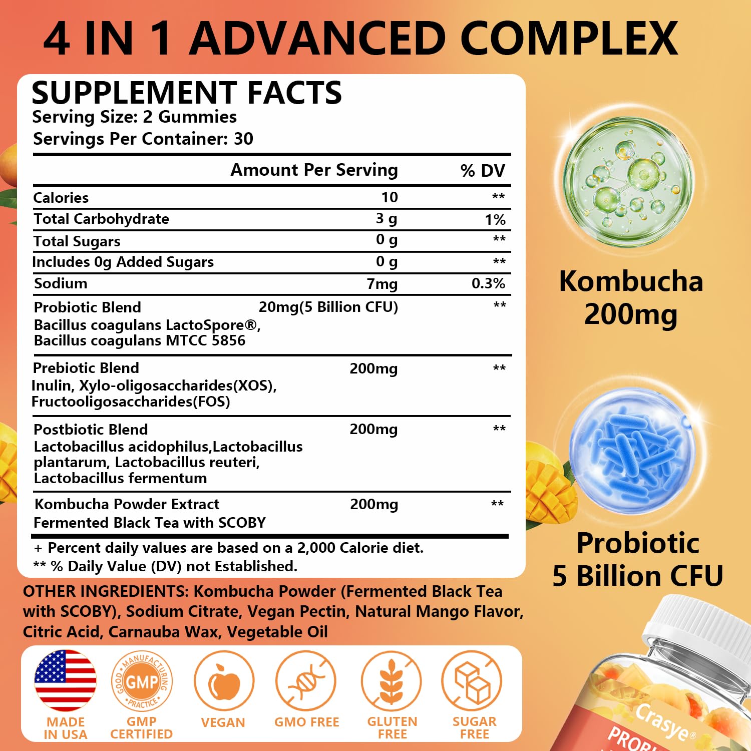 Crasye Probiotic Kombucha Gummies Sugar Free Prebiotic Postbiotic Probiotics Gummy for Women and Men Bloating Gut Health Immune and Digestive Support - 60 Gummies - 30 Servings CrasyeAu supplements