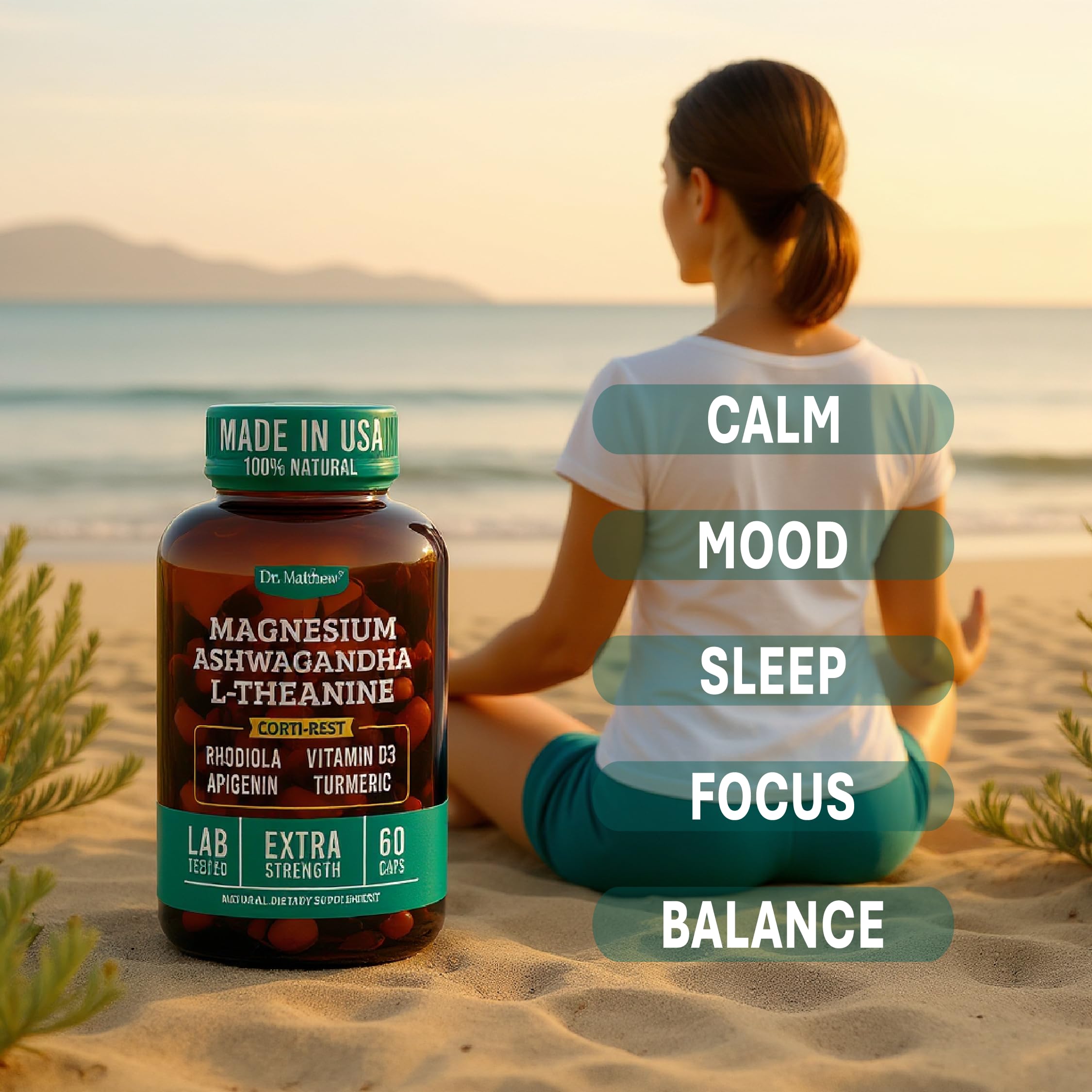 Cortisol Reducer & Adrenal Support Supplement–Natural Stress Relief with Ashwagandha KSM-66, Magnesium Glycinate & Citrate, L-Theanine, Rhodiola, Apigenin, Turmeric & Vitamin D3–Calm Mood & Relaxation Dr. MatthewAu supplements
