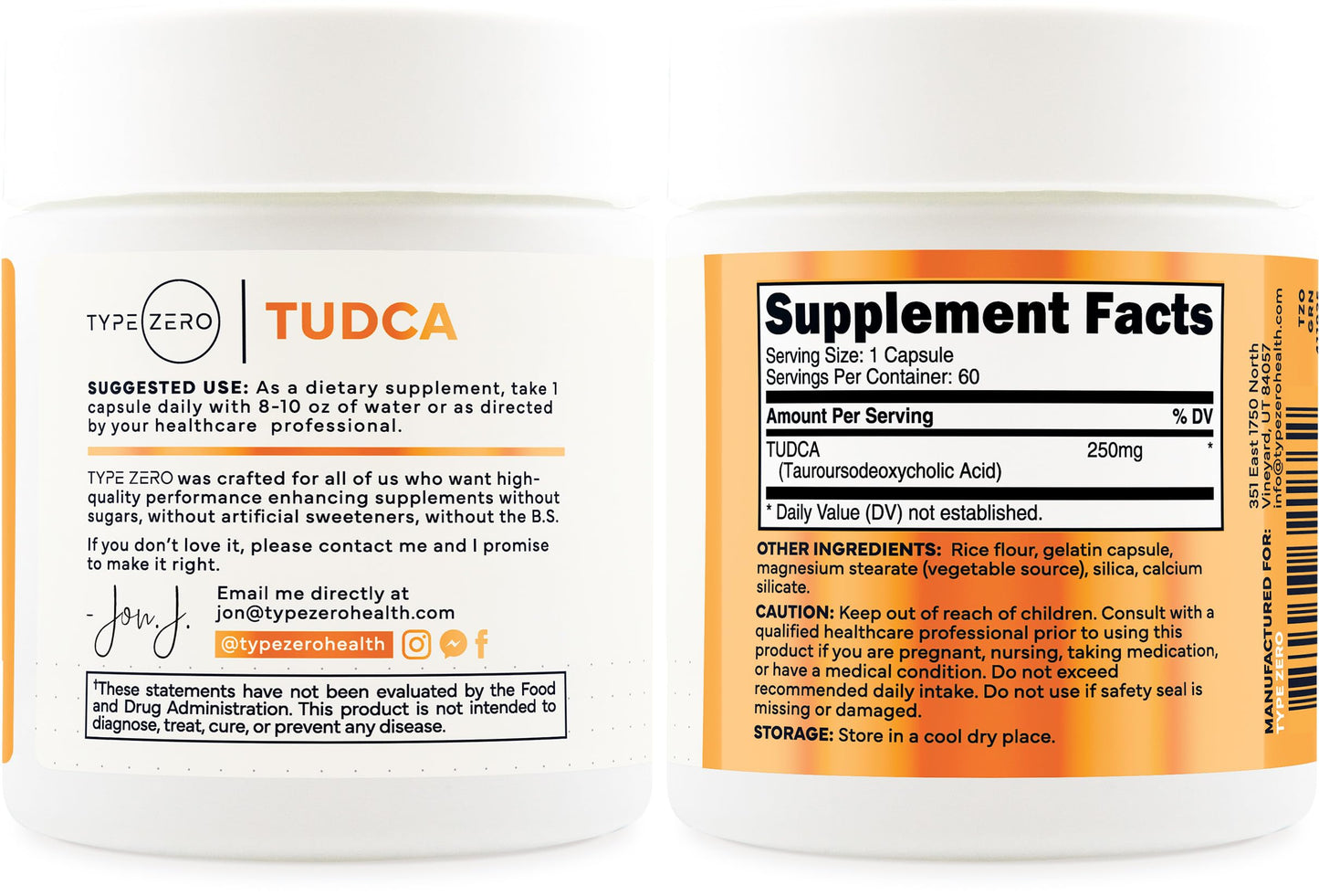 Type Zero Clean TUDCA Capsules 250mg - Pure Tauroursodeoxycholic Acid Supplement - Bile Salt Derivative - 60 Capsules, 60 Servings Type ZeroUS supplements