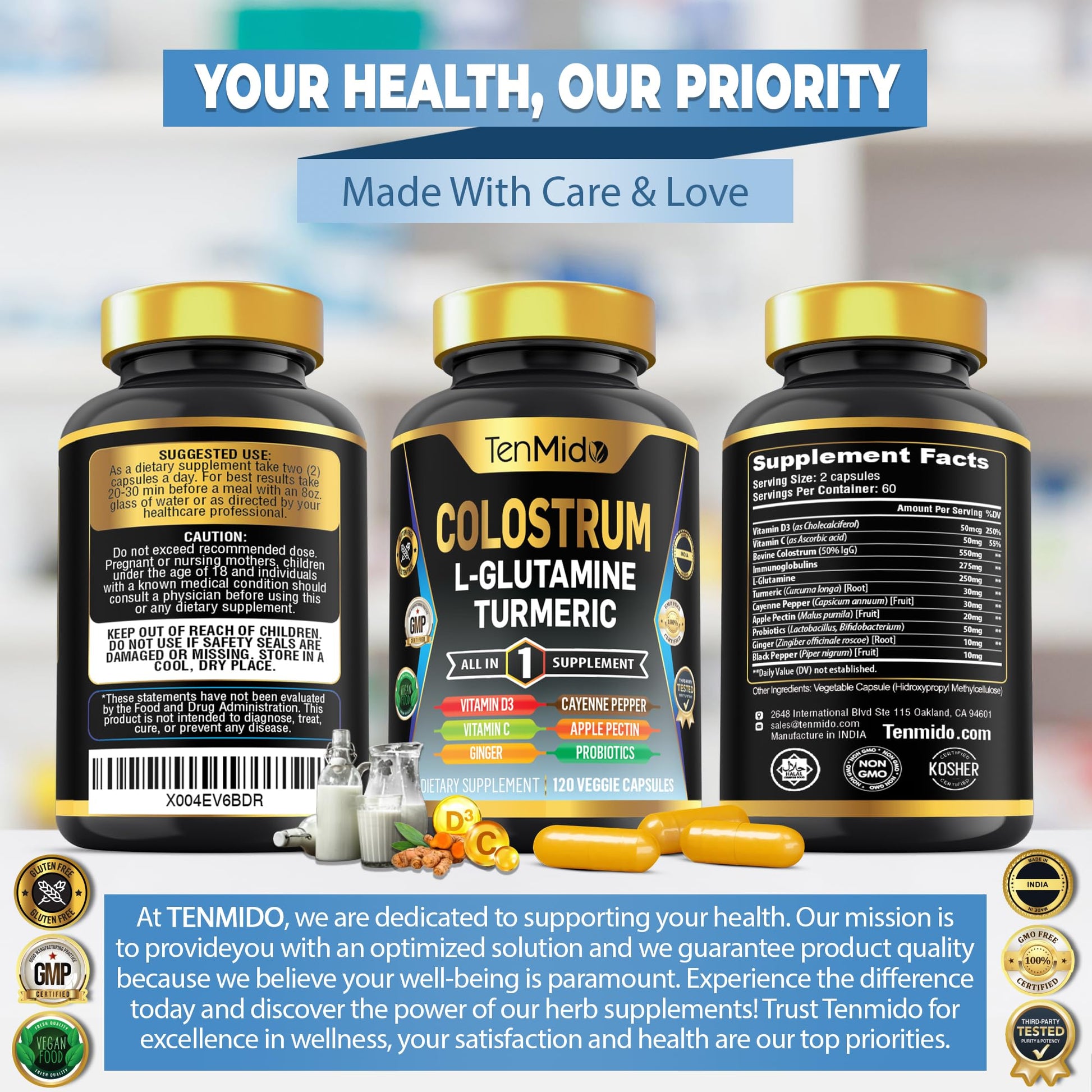 Tenmido Colostrum Supplement - 10in1 Formula - Combine with L- Glutamine, Turmeric, Cayenne Pepper, Apple Pectin, Probiotics, Ginger, and More - Digestive Health, Immune Support - 120 Capsules TenmidoAu supplements