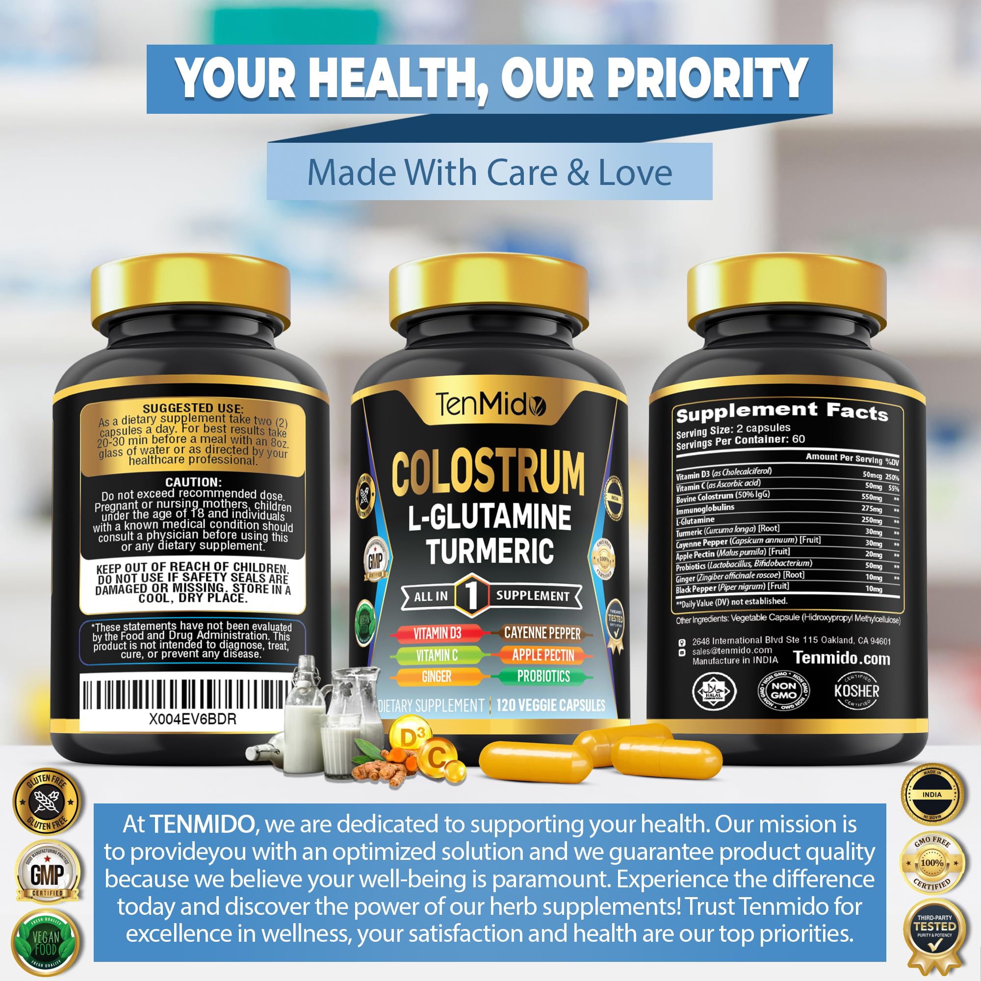 Tenmido Colostrum Supplement - 10in1 Formula - Combine with L- Glutamine, Turmeric, Cayenne Pepper, Apple Pectin, Probiotics, Ginger, and More - Digestive Health, Immune Support - 120 Capsules TenmidoAu supplements
