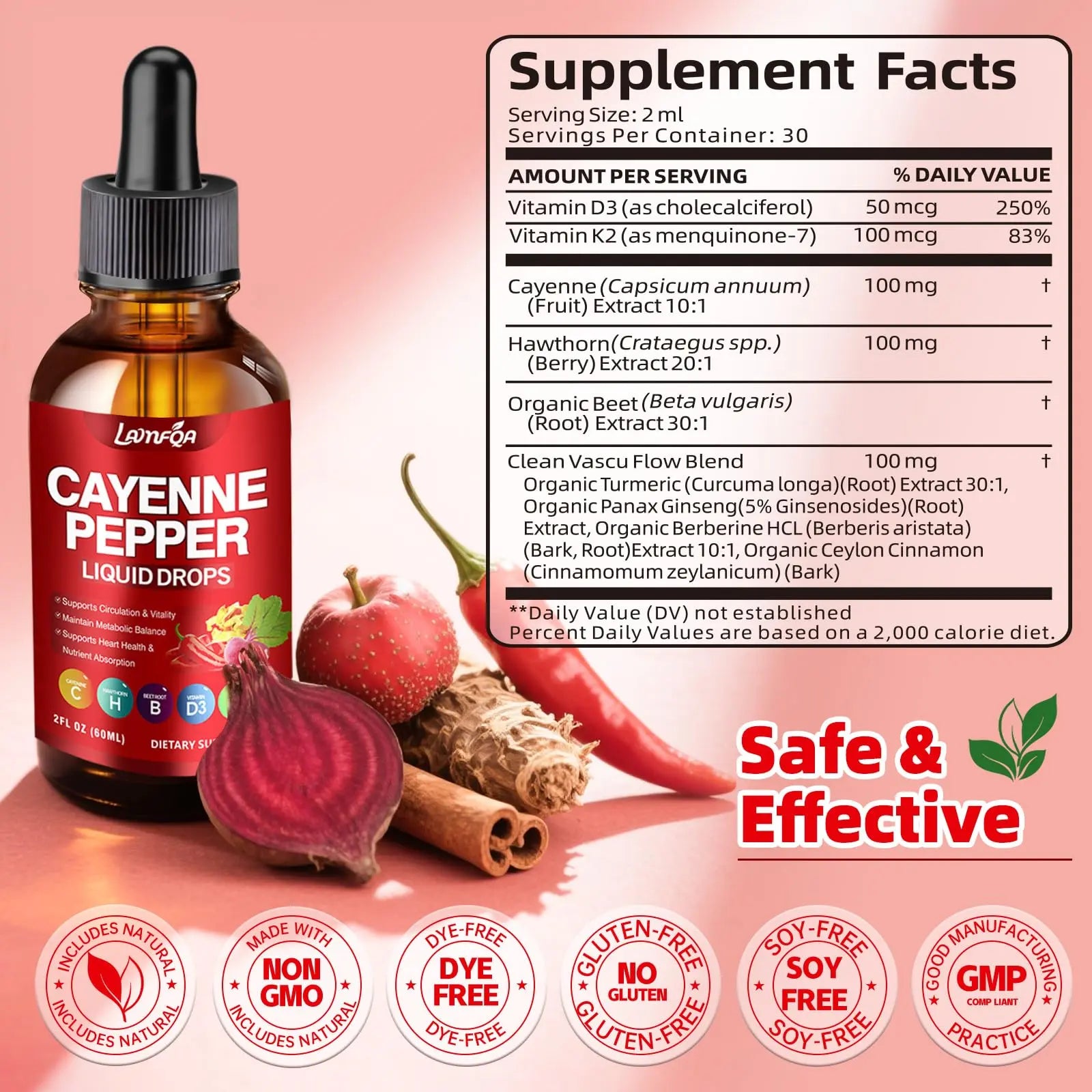 Cayenne Pepper Liquid Drops - Potent Blend with Hawthorn Berry, Turmeric Curcumin, Vitamin D3 K2, Beet Root & Panax Ginseng - Vegan, Non-GMO, High Absorbed Gentle Formula - 2 OZ LAMFQAnz supplements