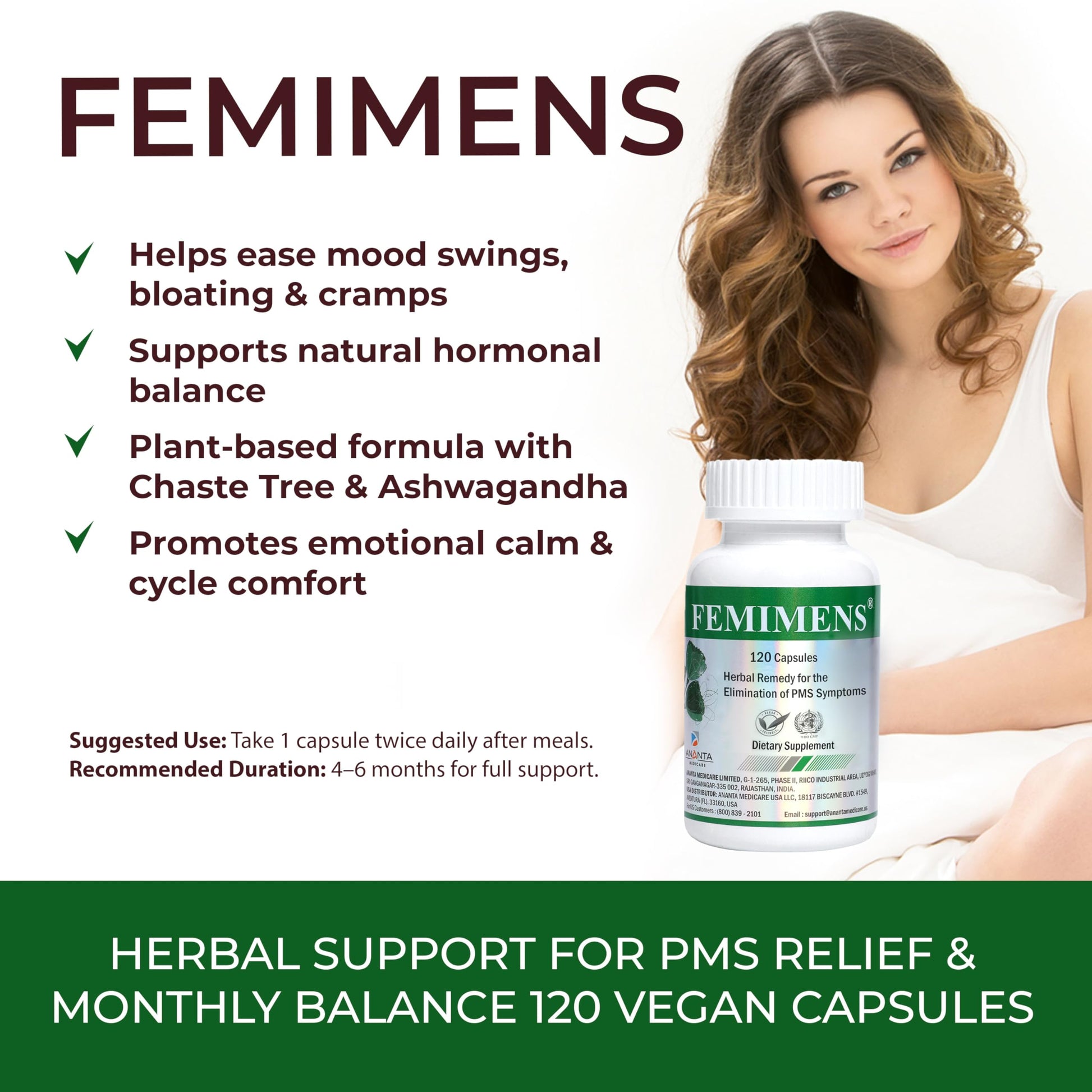 FEMIMENS – PMS Support Supplement for Women – PMS Relief for Women & Menstrual Cramp Relief – Hormonal Balance for Women – Chasteberry Vitex, Ashwagandha, Ginger, Fenugreek – 120 Vegan Capsules Ananta Medicare USAAu supplements