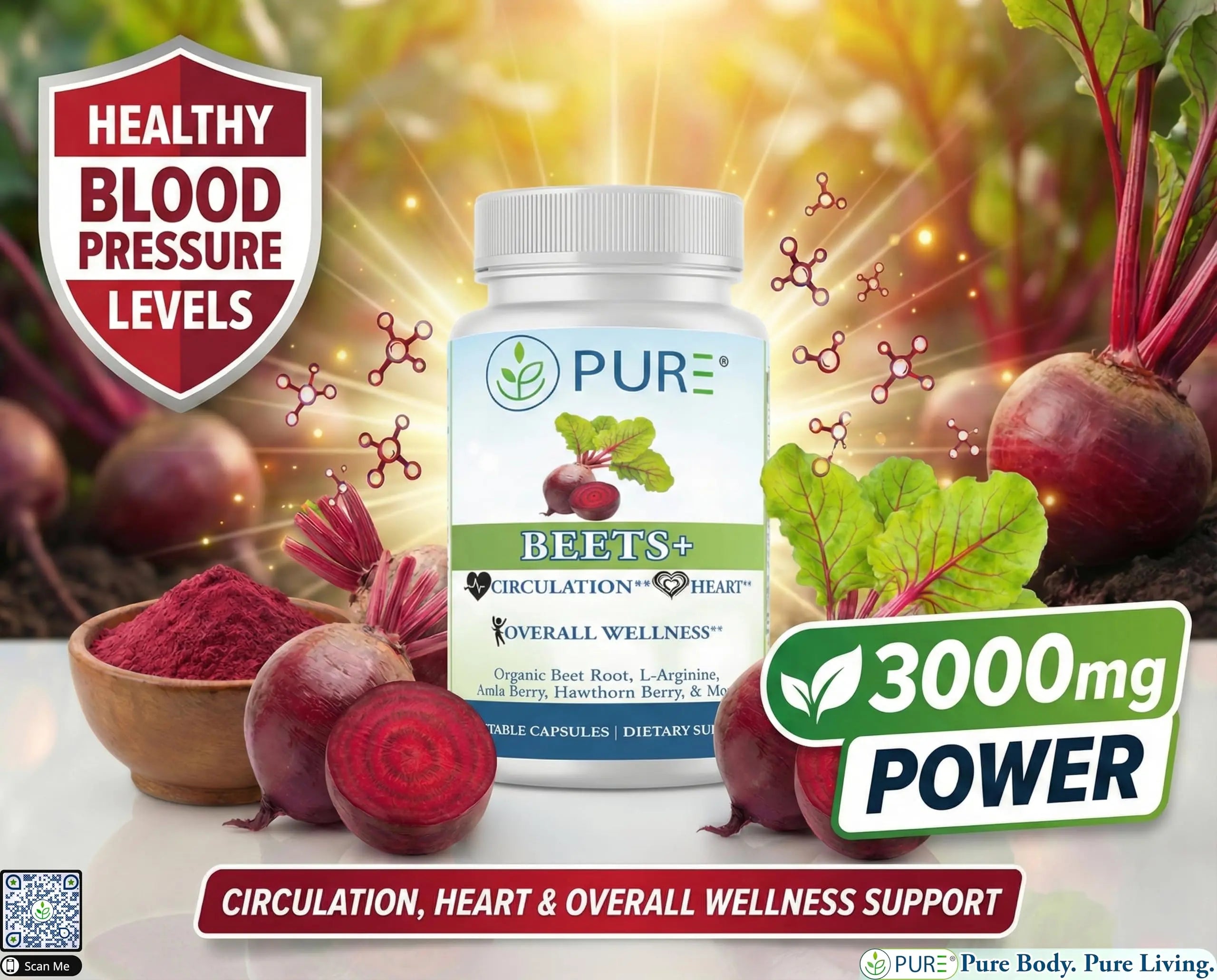 PURE® Beets+ Organic Beet Root Capsules - 900mg - 90 Count, 30 Servings - Blood Pressure & Circulation Support Supplement - with L-Arginine, Hawthorn Berry & B12 - Cardiovascular Health - Made in USA PUREnz supplements