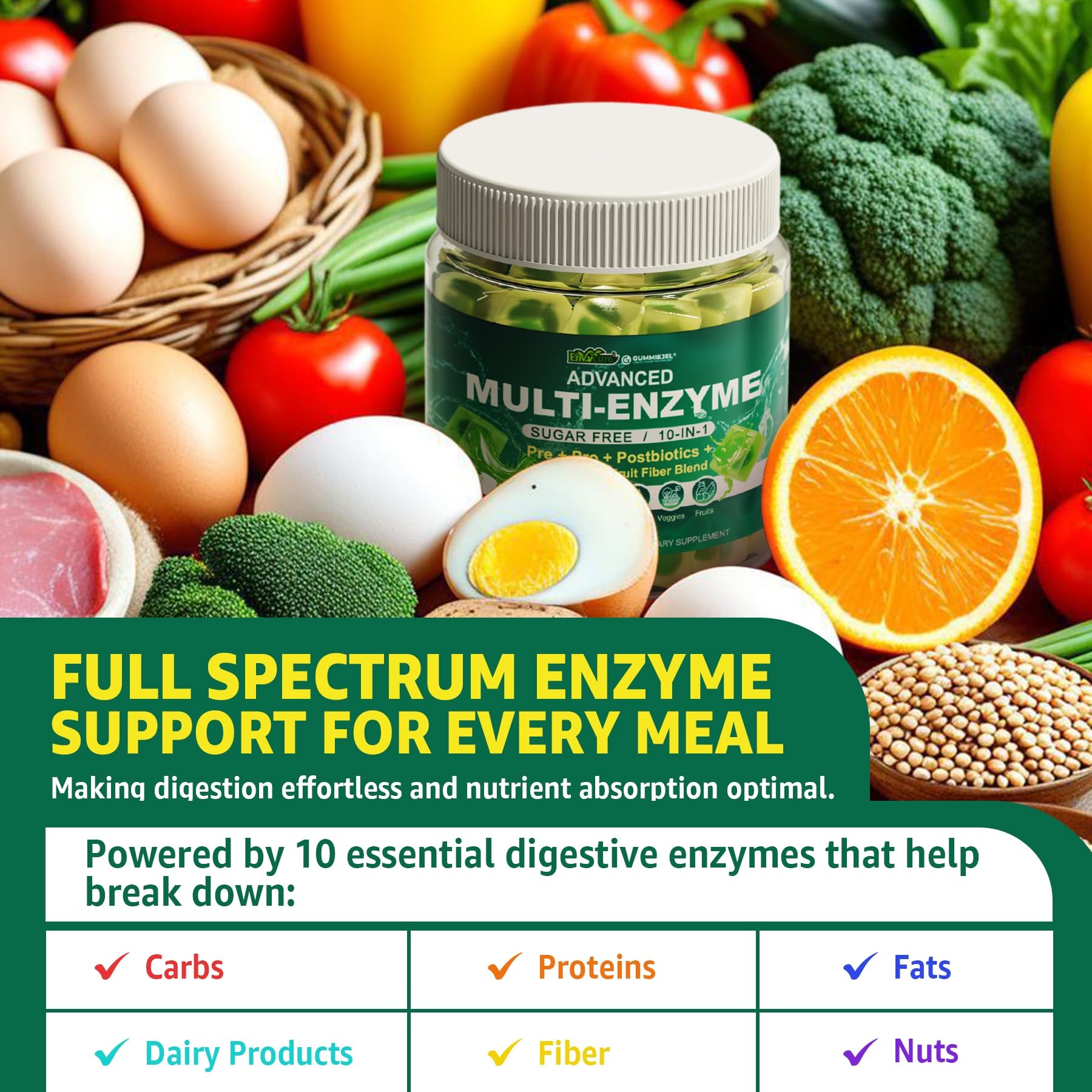 Digestive Enzymes Gummies for Women & Men, Multi-Enzymes with 90Billion CFU Probiotics and Prebiotics & Postbiotic, Vegetable & Fruit Fiber Blend, Super Enzymes for Digestive & Gut Health,Immune,60Cts EnvyCureAu supplements