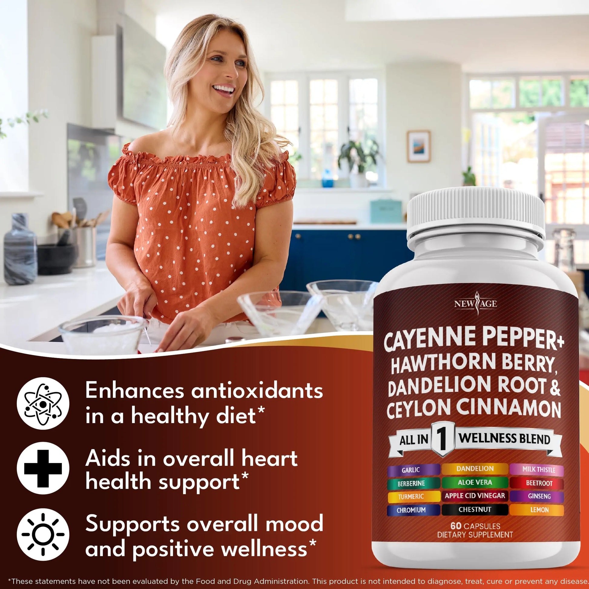 NEW AGE Cayenne Pepper Capsules Supplement with Hawthorn Berry, Dandelion Root, Ceylon Cinnamon, Garlic, Ginger, ACV, Milk Thistle, Beet Root, Aloe Vera - 120 Count NEW AGEnz supplements