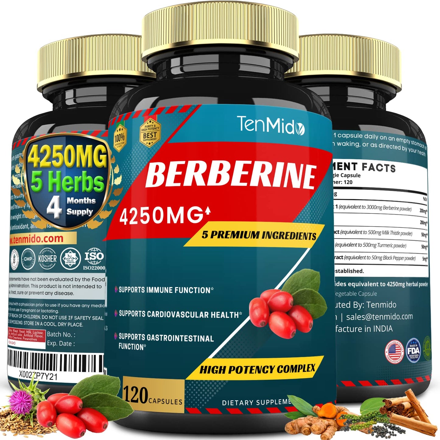 Berberine Extract Capsules 4250mg, 4 Months Supply & Ceylon, Milk Thistle, Turmeric TenmidoUS supplements