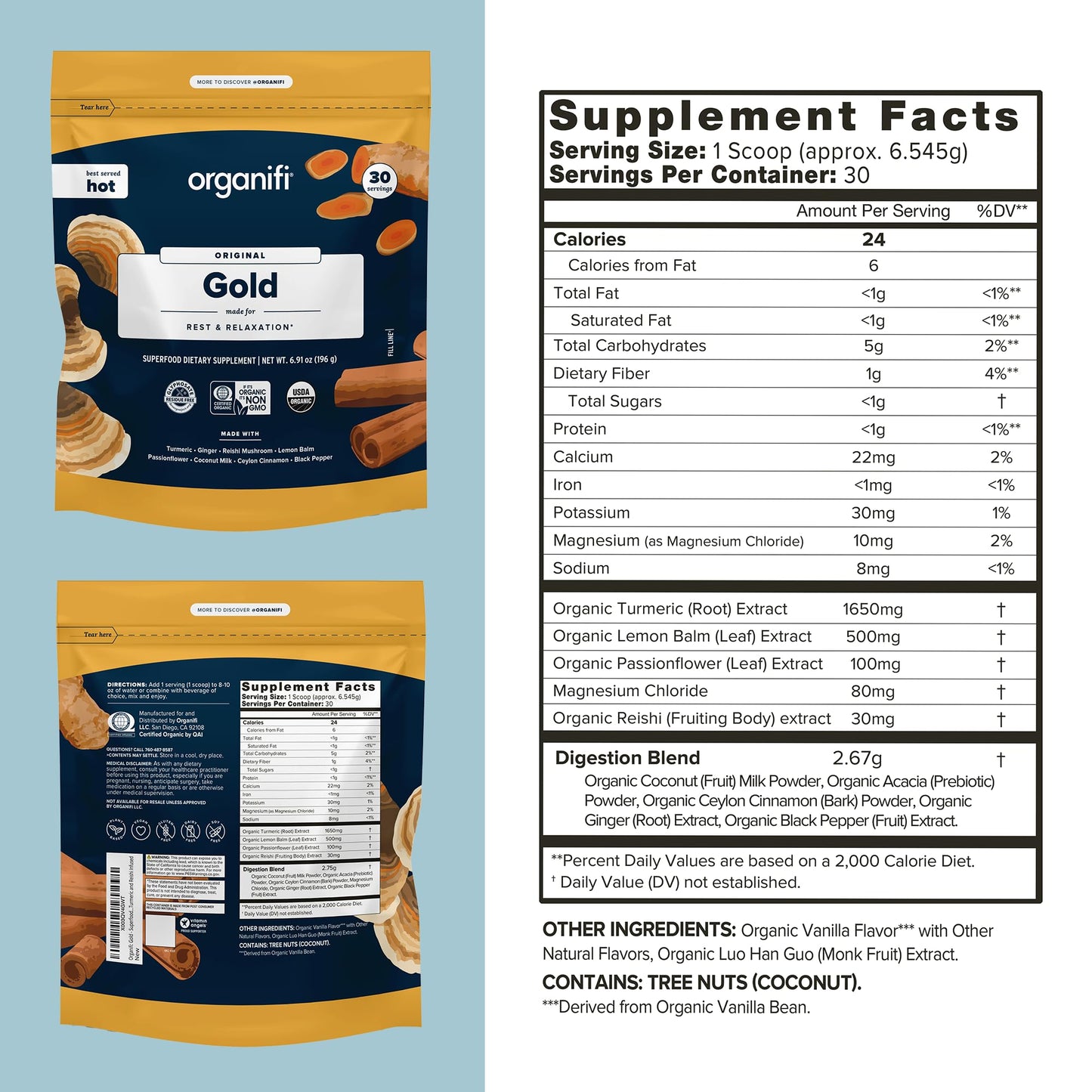 Organifi: Gold - Superfood Supplement Powder- 90 Servings (3 Pack) - Stress Support OrganifiUS supplements