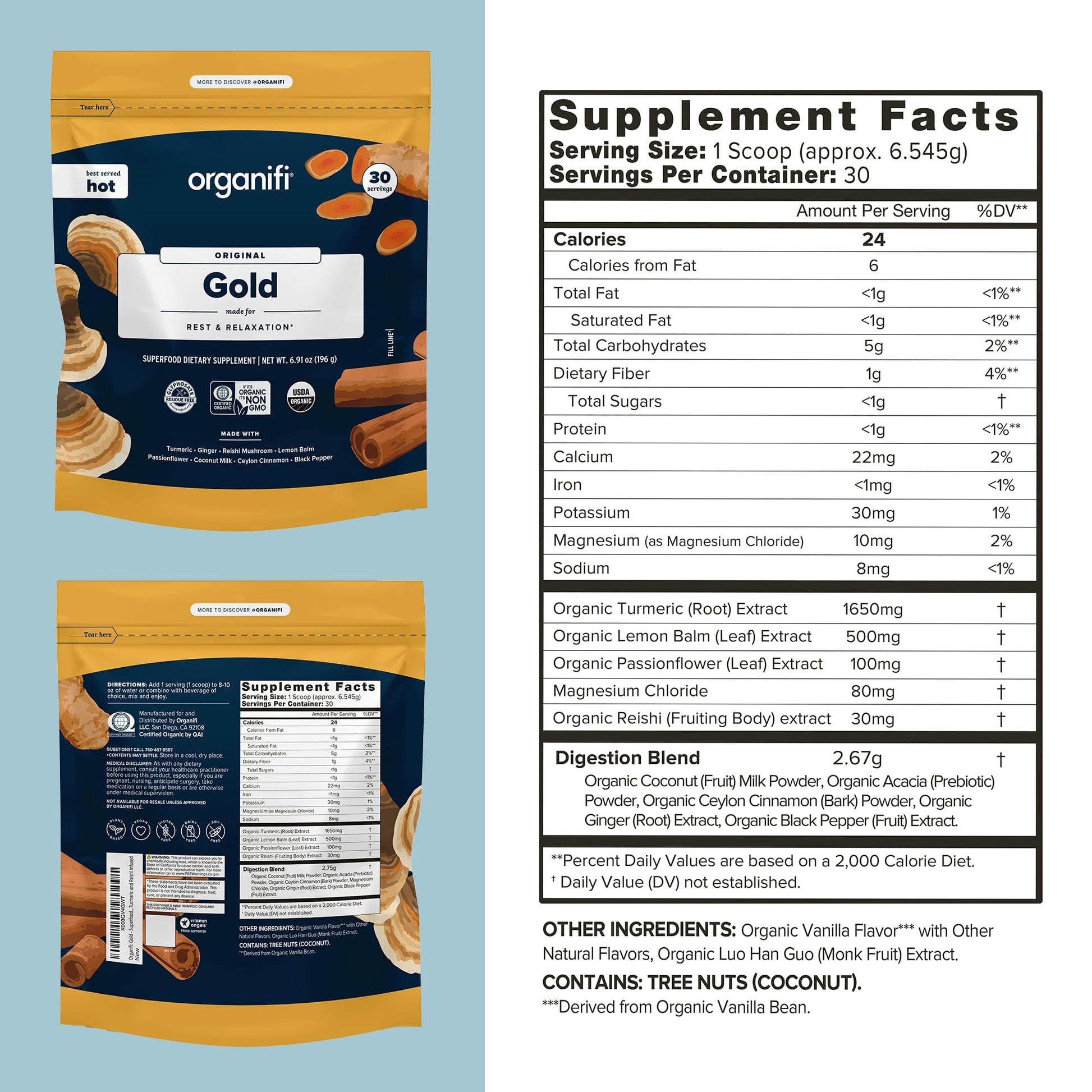 Organifi: Gold - Superfood Supplement Powder- 90 Servings (3 Pack) - Stress Support OrganifiUS supplements