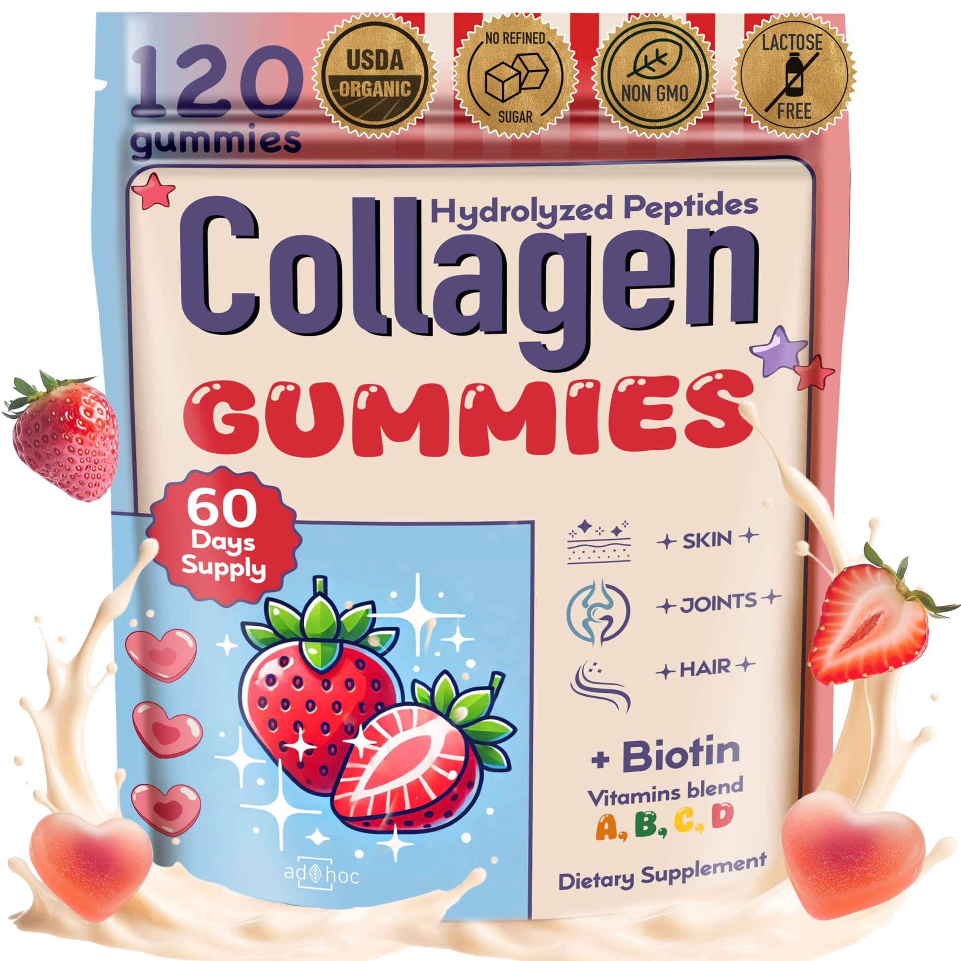 Collagen Peptides Gummies for Women – Biotin, Zinc, Vitamin D3 – 120 Count – Hydrolyzed Collagen Gummy Complex – Hair, Skin & Nails Support – Sugar-Free, Halal, Lactose-Free, Strawberry Cream Flavor ad hocAu supplements