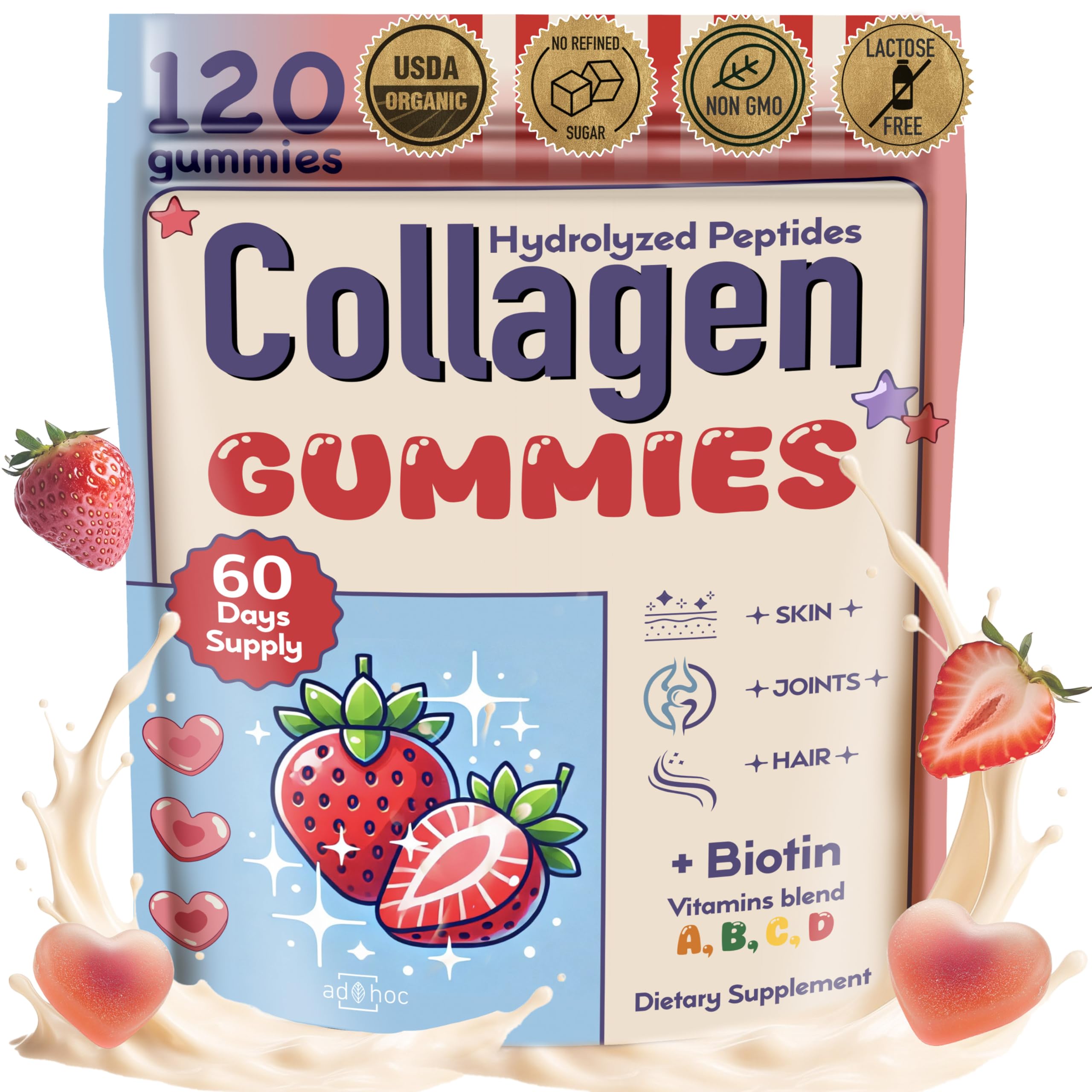 Collagen Peptides Gummies for Women – Biotin, Zinc, Vitamin D3 – 120 Count – Hydrolyzed Collagen Gummy Complex – Hair, Skin & Nails Support – Sugar-Free, Halal, Lactose-Free, Strawberry Cream Flavor ad hocAu supplements