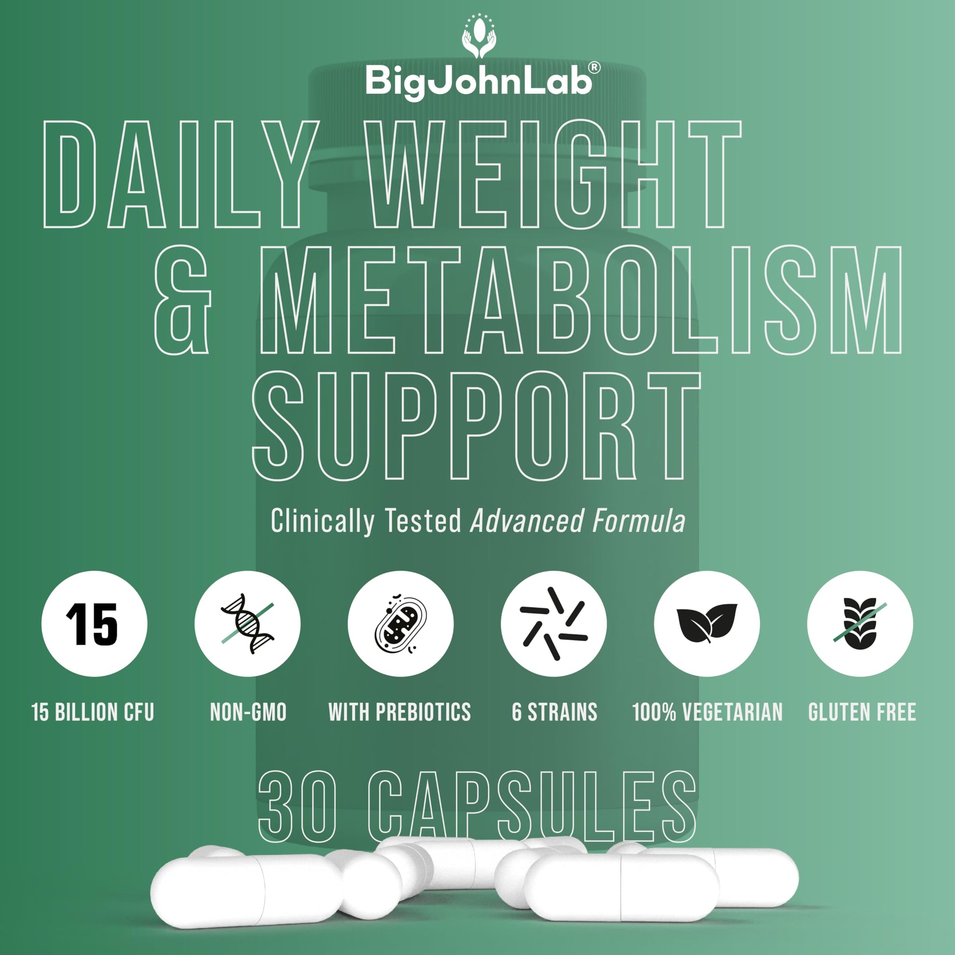 BIGJOHNLAB® - Probiotics for Weight Management & Bloating - 6 Probiotic Strains - Prebiotics - Key Ingredient Cayenne & Green Tea - Supports Gut Health - Weight Management for Women & Men - 30 CT BIGJOHNLABAu supplements