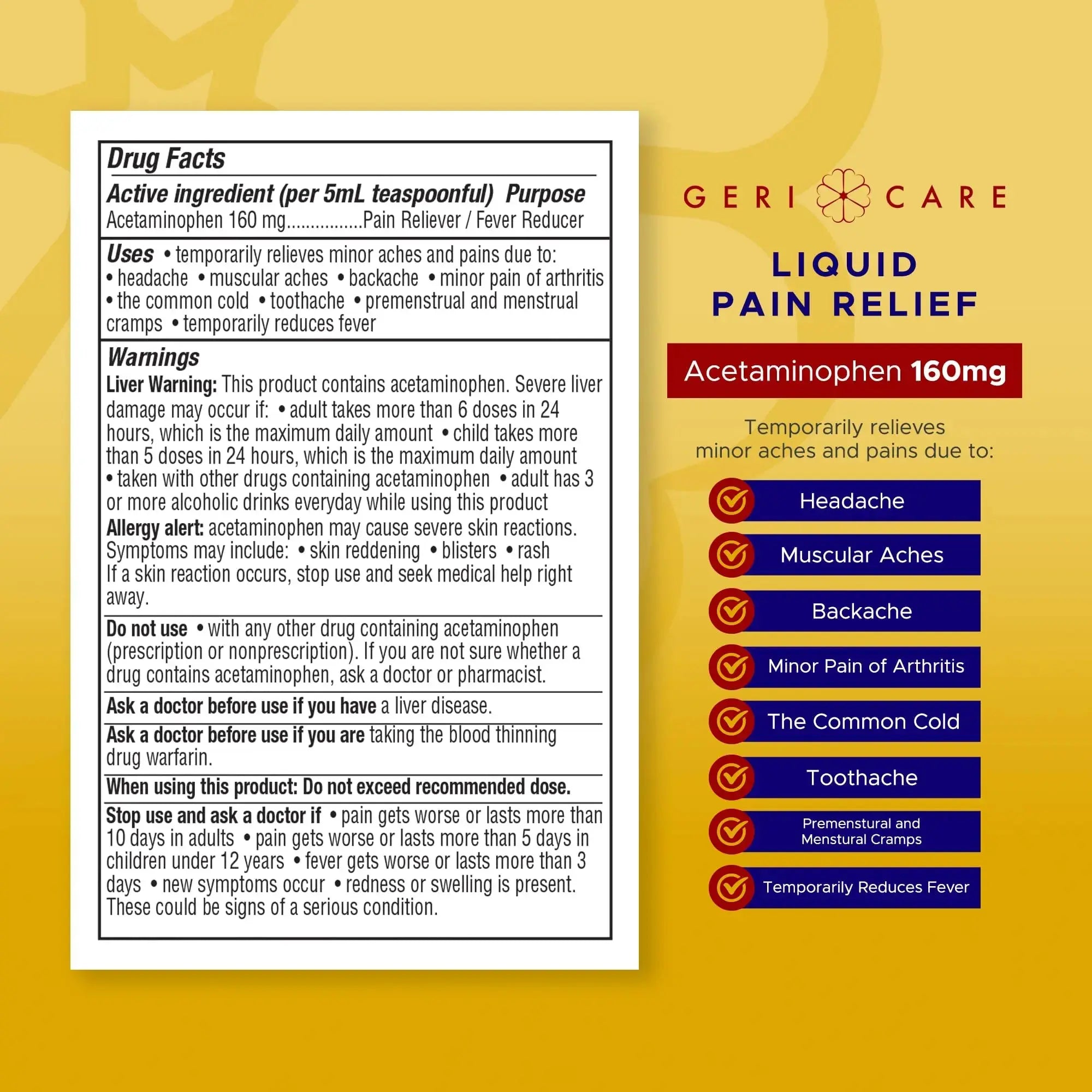 GeriCare Regular Strength Liquid Acetaminophen 160 mg, Pain Reliever, Fever Reducer, Aspirin & Alcohol Free, Cherry Flavored 16 Fl Oz (Pack of 2) GeriCareAu supplements
