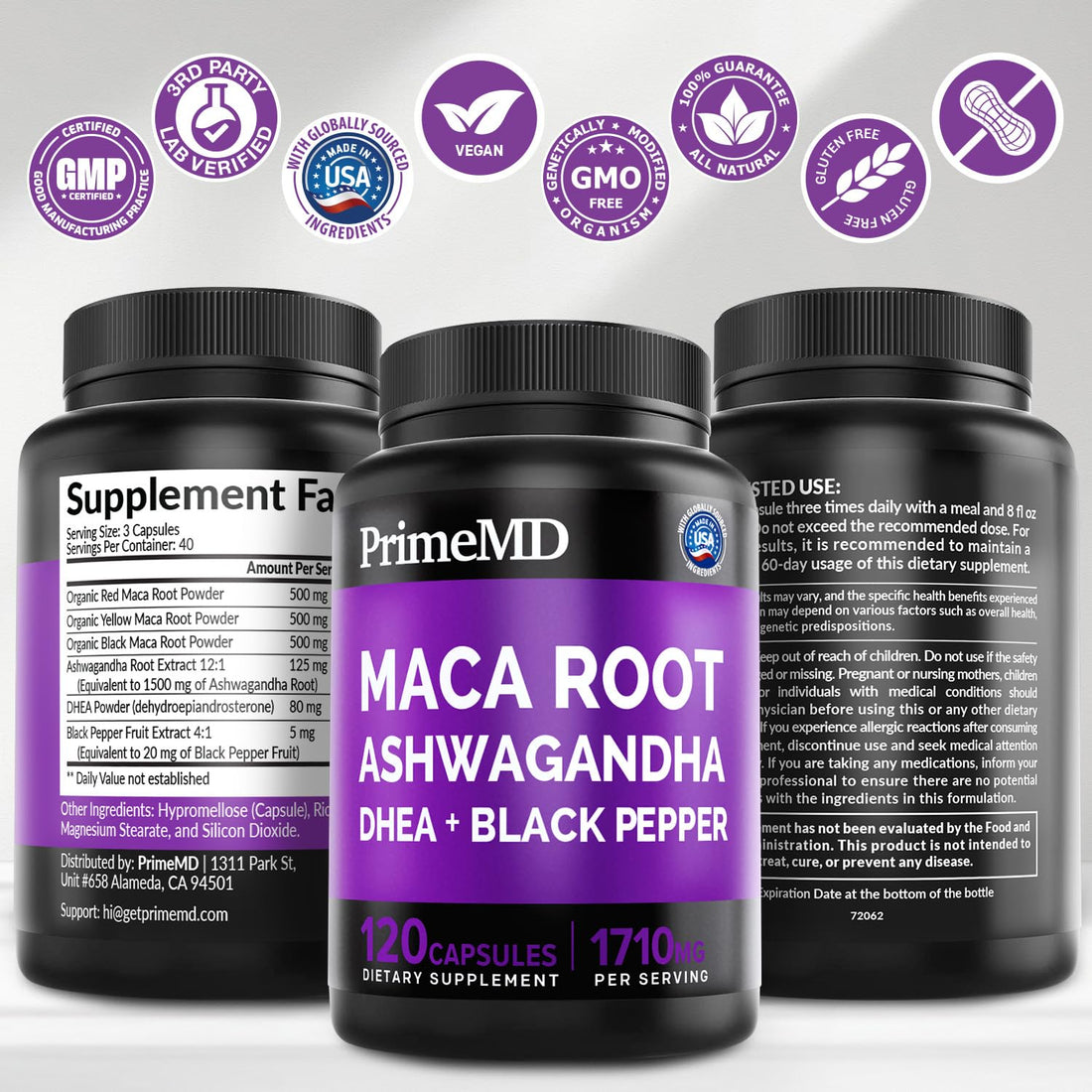 6-in-1 Organic Maca Root Ashwagandha Capsules 1710mg with DHEA and Black Pepper Fruit Extract for Women and Men - Black Maca Supplement for Stamina, Bone and Mood Support Supplement, 120ct (Pack of 3) PrimeMDAu supplements