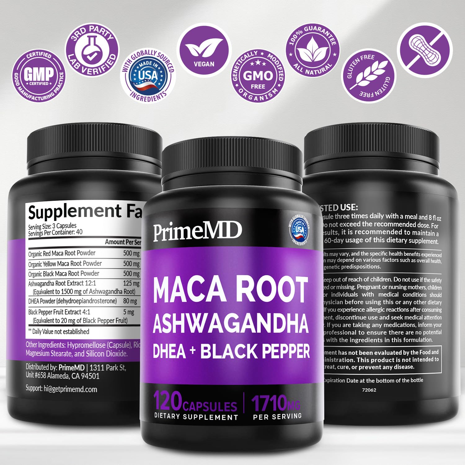 6-in-1 Organic Maca Root Ashwagandha Capsules 1710mg with DHEA and Black Pepper Fruit Extract for Women and Men - Black Maca Supplement for Stamina, Bone and Mood Support Supplement, 120ct (Pack of 3) PrimeMDAu supplements