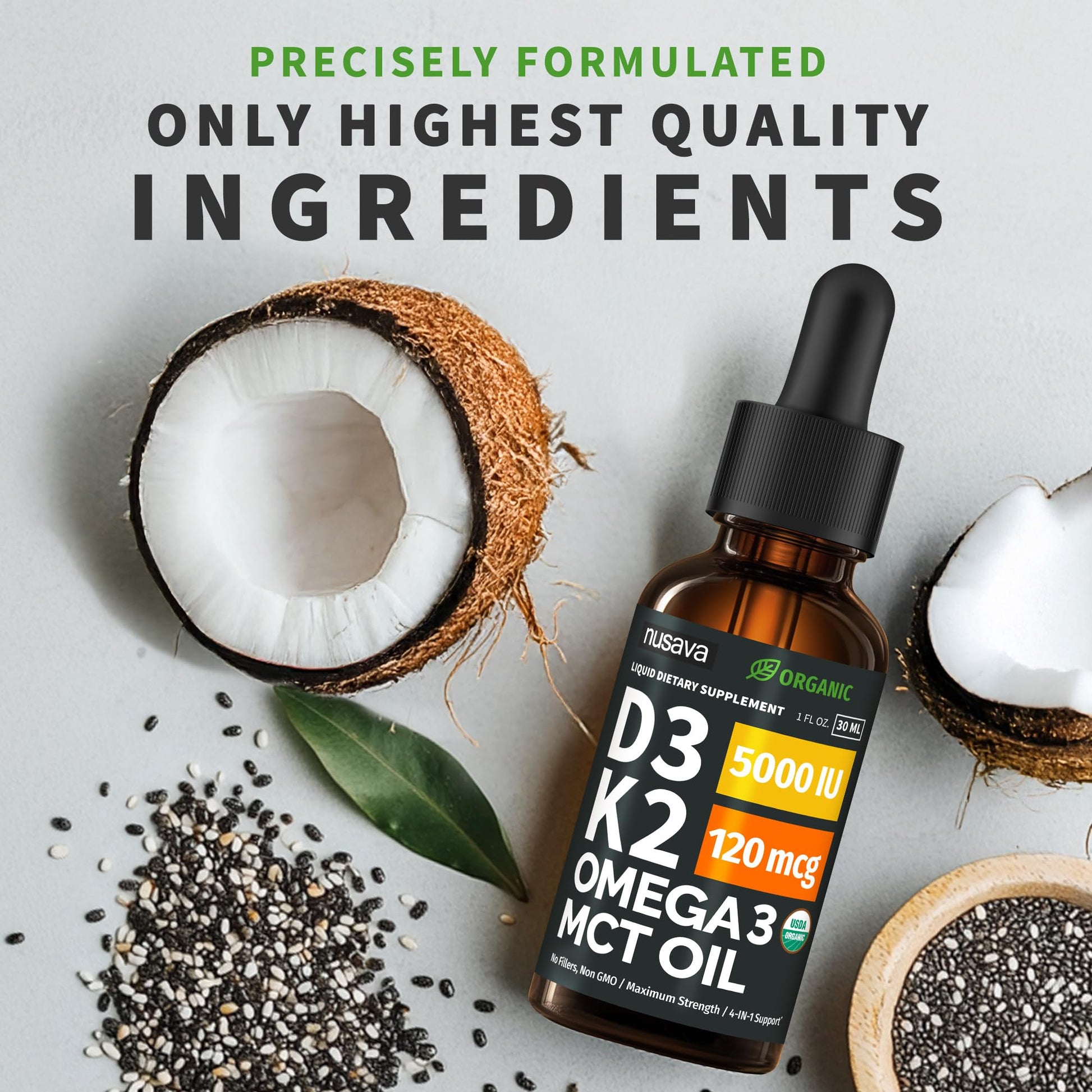 (2 Pack) Organic Vitamin D3 K2 Drops with MCT Oil Omega 3, 5000 IU, Maximum Strength Vitamin D Liquid, No Fillers, Non-GMO Liquid D3 for Faster Absorption and Immune Support (Unflavored, 2 Fl Oz) NUSAVAAu supplements