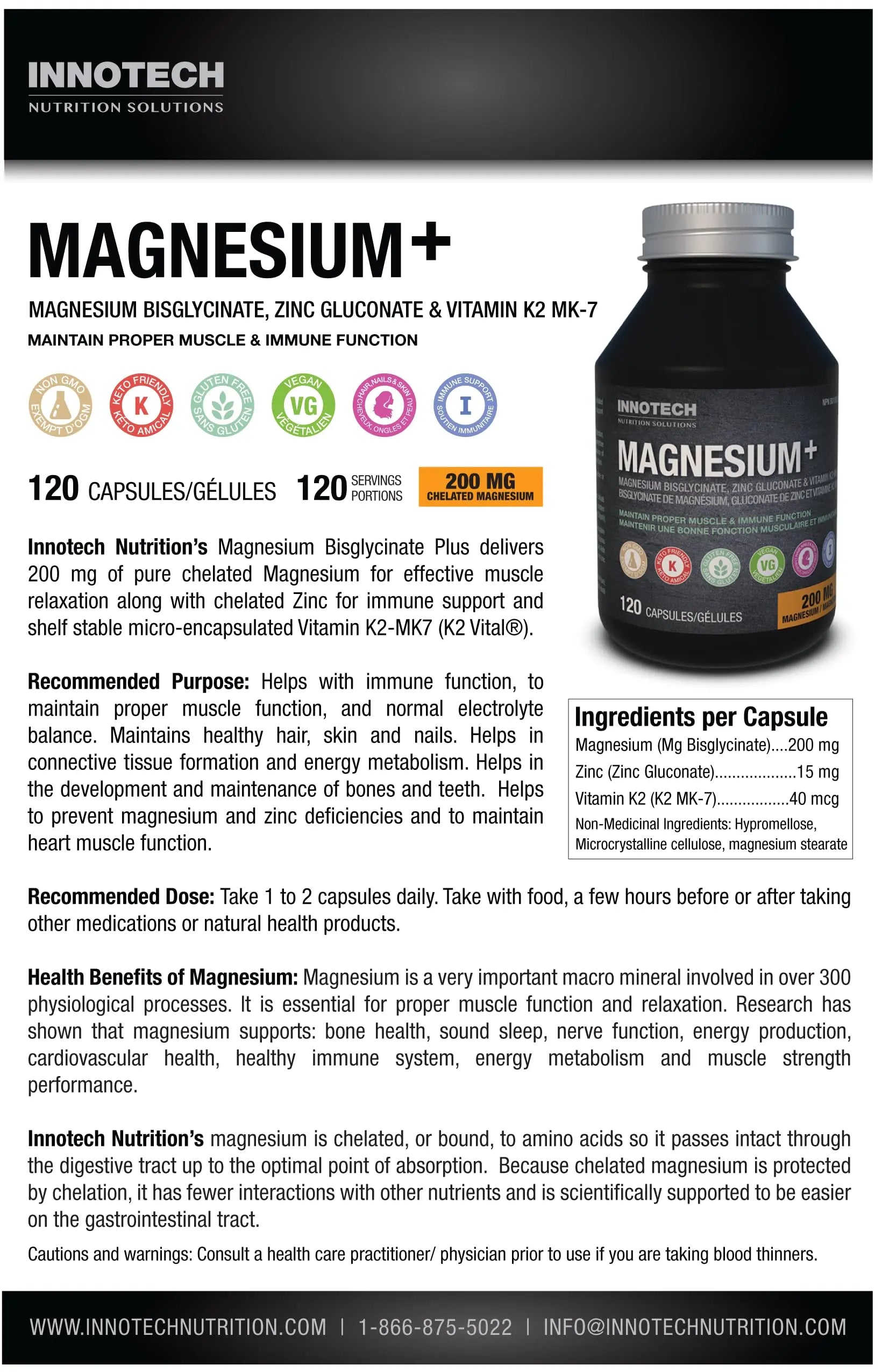 Innotech Nutrition Magnesium Plus Muscle Bone & Sleep Support Magnesium Bisglycinate Zinc & Vitamin K2 120 Vegan Capsules Innotech Nutrition Solutionsnz supplements