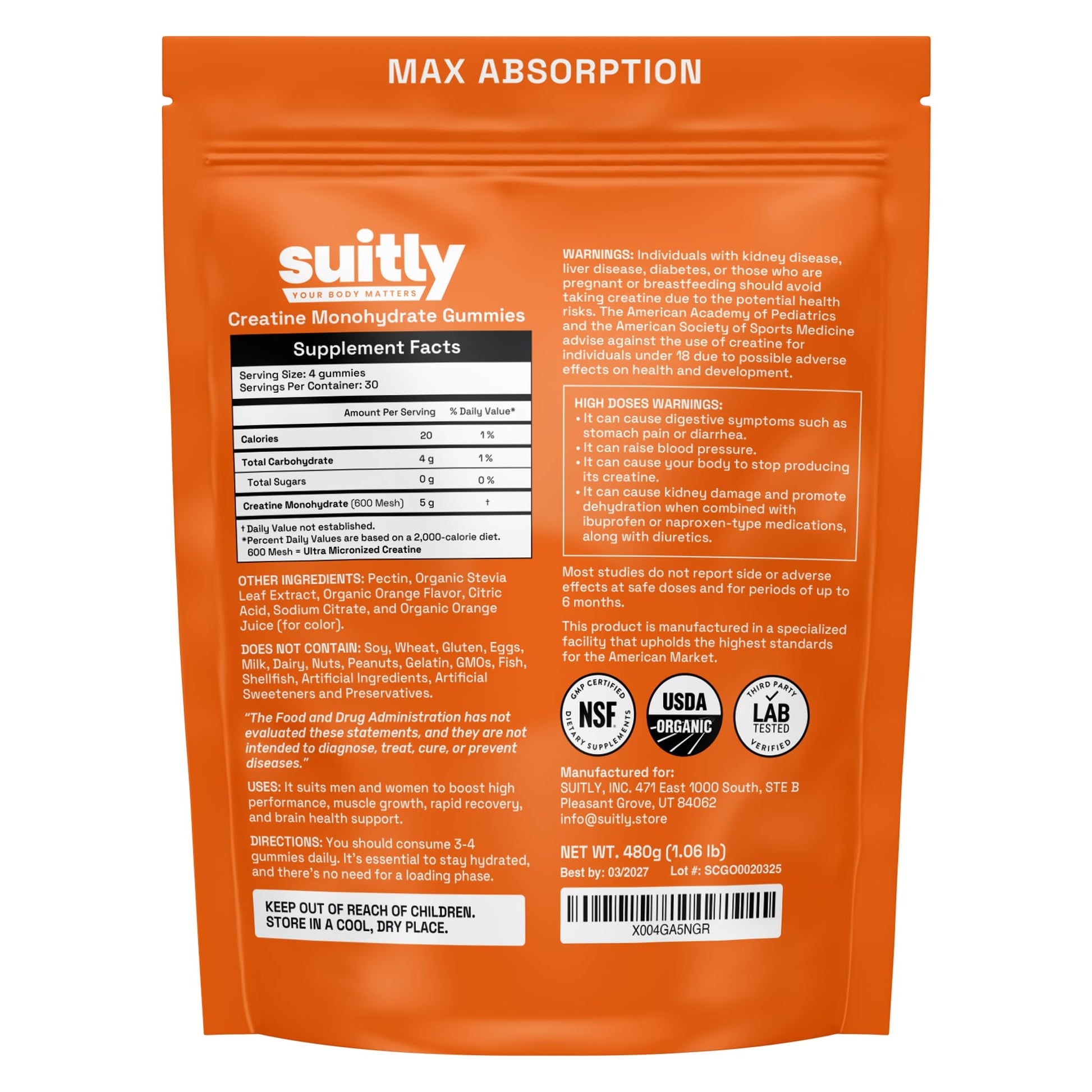 USDA Organic Ultra-Micronized Creatine Gummies for Men & Women; Orange Max Absorption 5g Creatine Gummies Sugar Free for Muscle Gain, Energy & Recovery; Muscle Builder for Women with Pouch - 120 Count SuitlyAu supplements