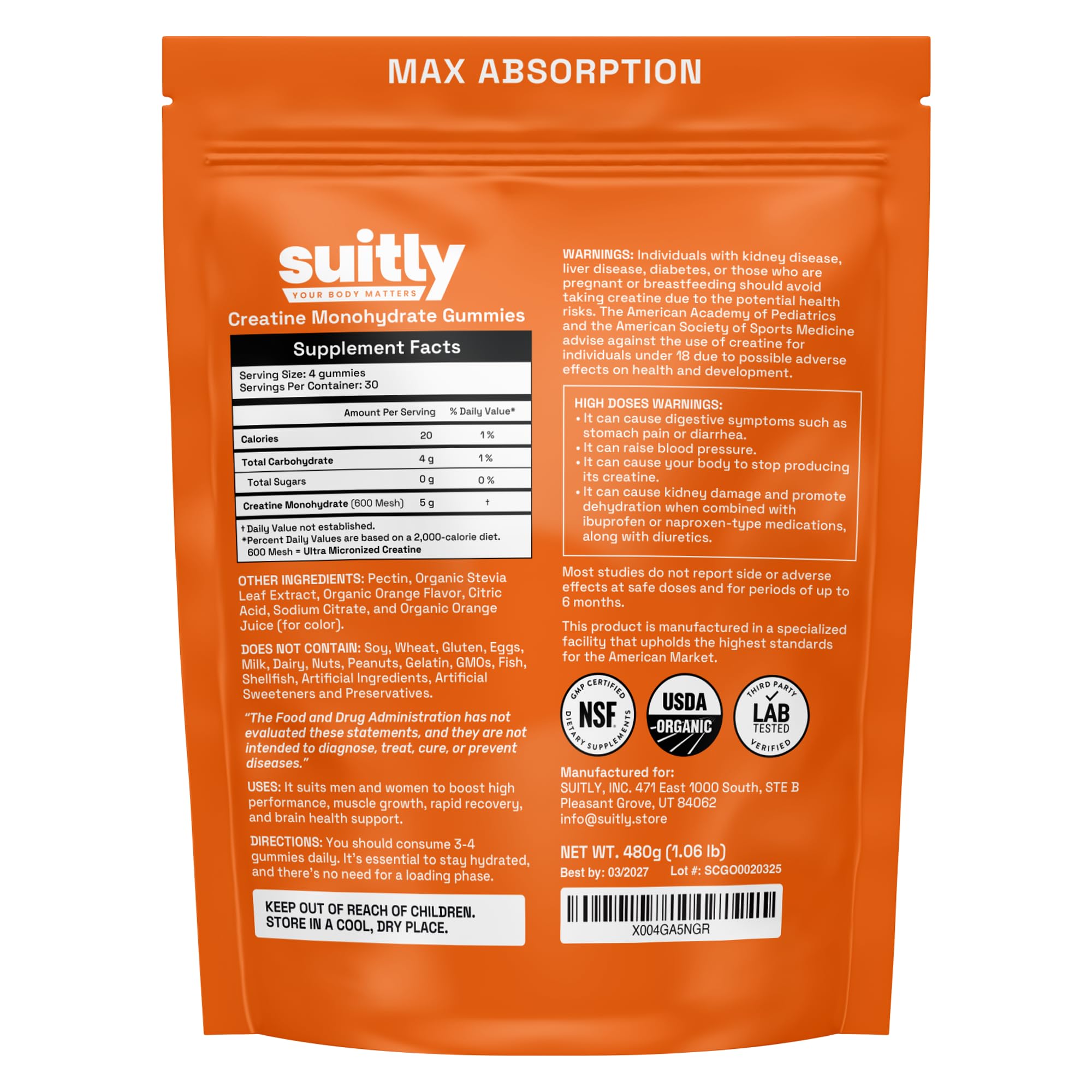 USDA Organic Ultra-Micronized Creatine Gummies for Men & Women; Orange Max Absorption 5g Creatine Gummies Sugar Free for Muscle Gain, Energy & Recovery; Muscle Builder for Women with Pouch - 120 Count SuitlyAu supplements