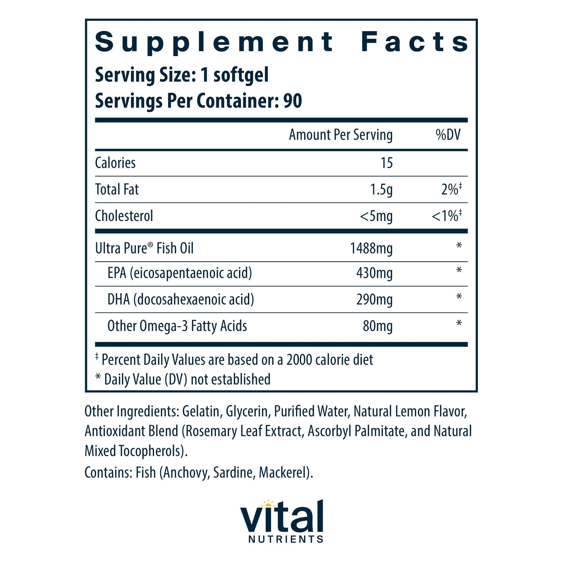 Vital Nutrients Ultra Pure® Fish Oil 800 Triglyceride Form - Heart, Brain, & Immune Health* - Sustainably Sourced High EPA & DHA Omega-3 Fatty Acid - Lemon Flavor - Gluten, Dairy, Soy Free - 90 Count Vital NutrientsAu supplements