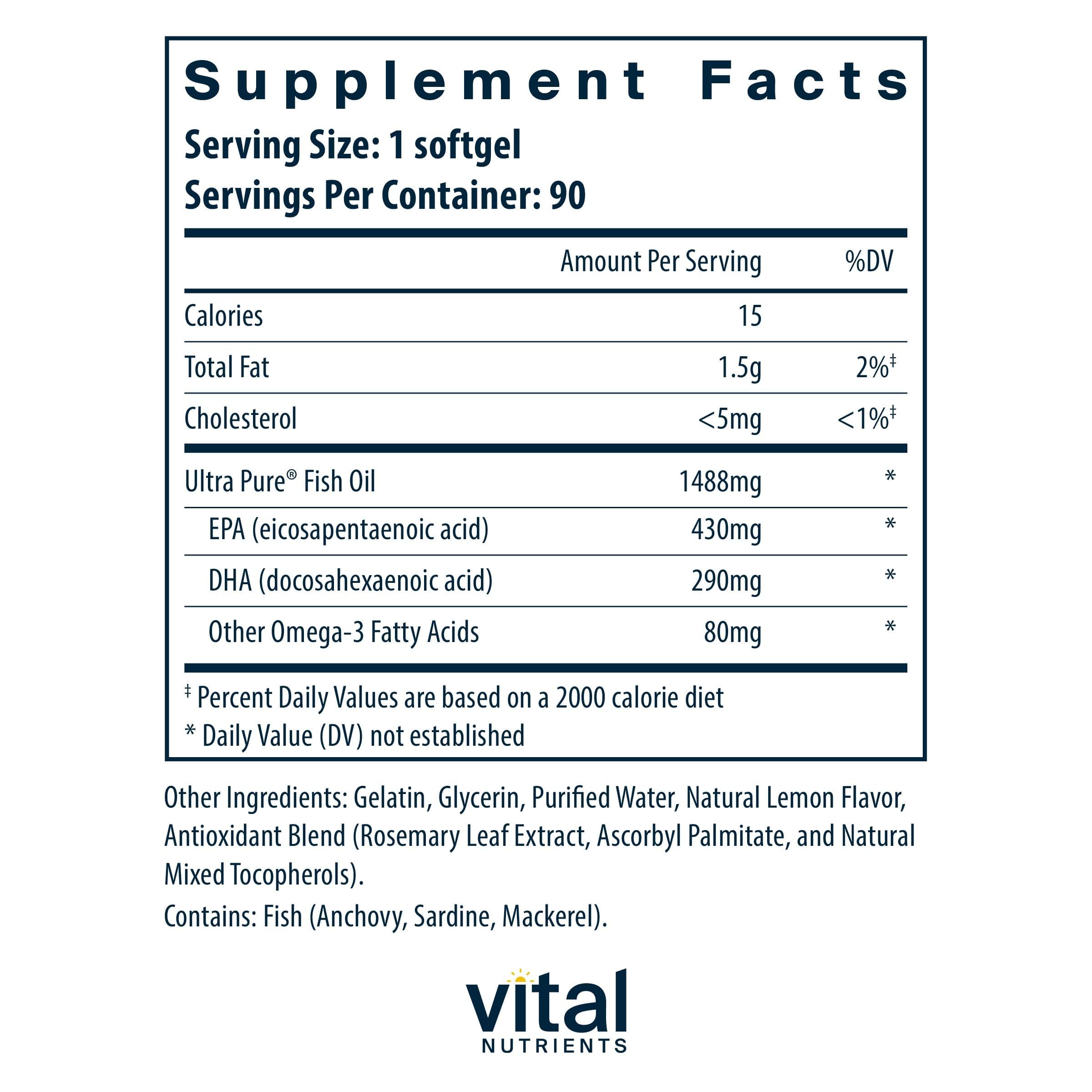 Vital Nutrients Ultra Pure® Fish Oil 800 Triglyceride Form - Heart, Brain, & Immune Health* - Sustainably Sourced High EPA & DHA Omega-3 Fatty Acid - Lemon Flavor - Gluten, Dairy, Soy Free - 90 Count Vital NutrientsAu supplements