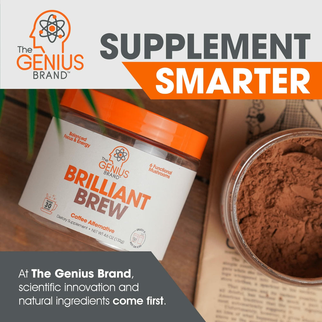 The Genius Brand Genius Brilliant Brew - Natural Coffee Substitute for Clear Thinking, Energy & Immune Support - No Crash or Jitters - Powered by Nootropics - Non-GMO - 30 Servings - Sweet Cocoa The Genius BrandUS supplements