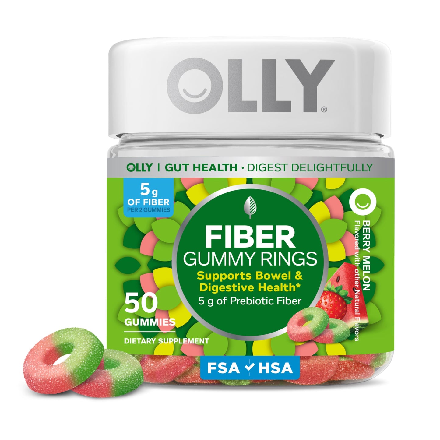OLLY Fiber Gummy Rings, 5g Prebiotic Fiber, FOS (Fructo-oligosaccharides), Digestive Support, Berry Melon 50ct OLLYUS supplements