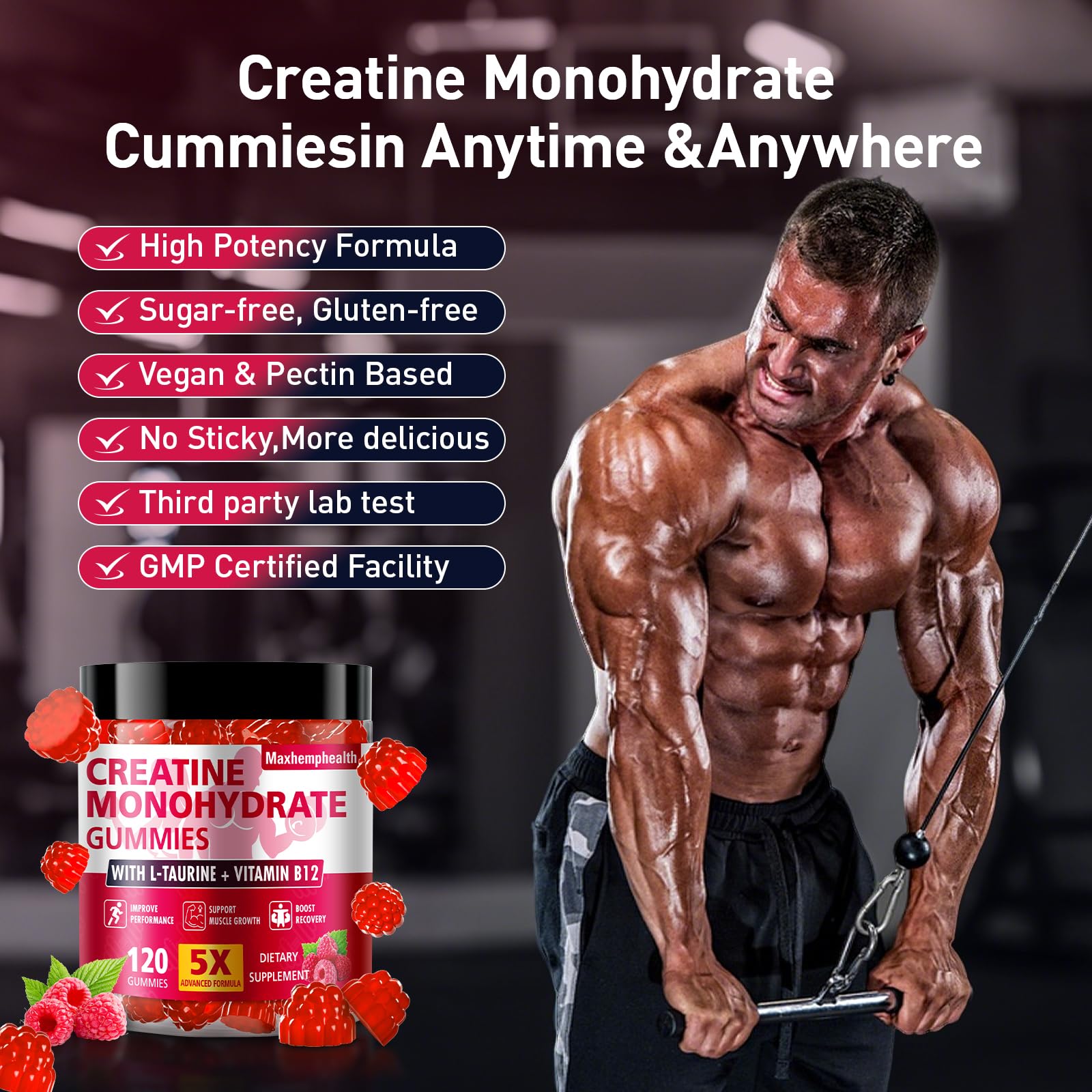 Creatine Gummies for Men & Women, Creatine Monohydrate Gummies 5g, Build Muscle, Strength, Recovery, Cognitive Health & Memory, Pre Workout Supplement, 120 Count Raspberry Chewable Gummy MaxhemphealthAu supplements