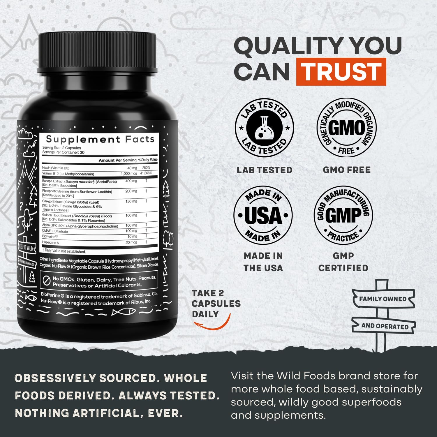 Wild Focus Brain Supplements | Caffeine-Free, Plant-Based Botanicals | Lions Mane, Ginkgo Biloba, Bacopa Monnieri, Lemon Balm | 100% Natural Nootropic | 60 caps Wild FoodsAu supplements