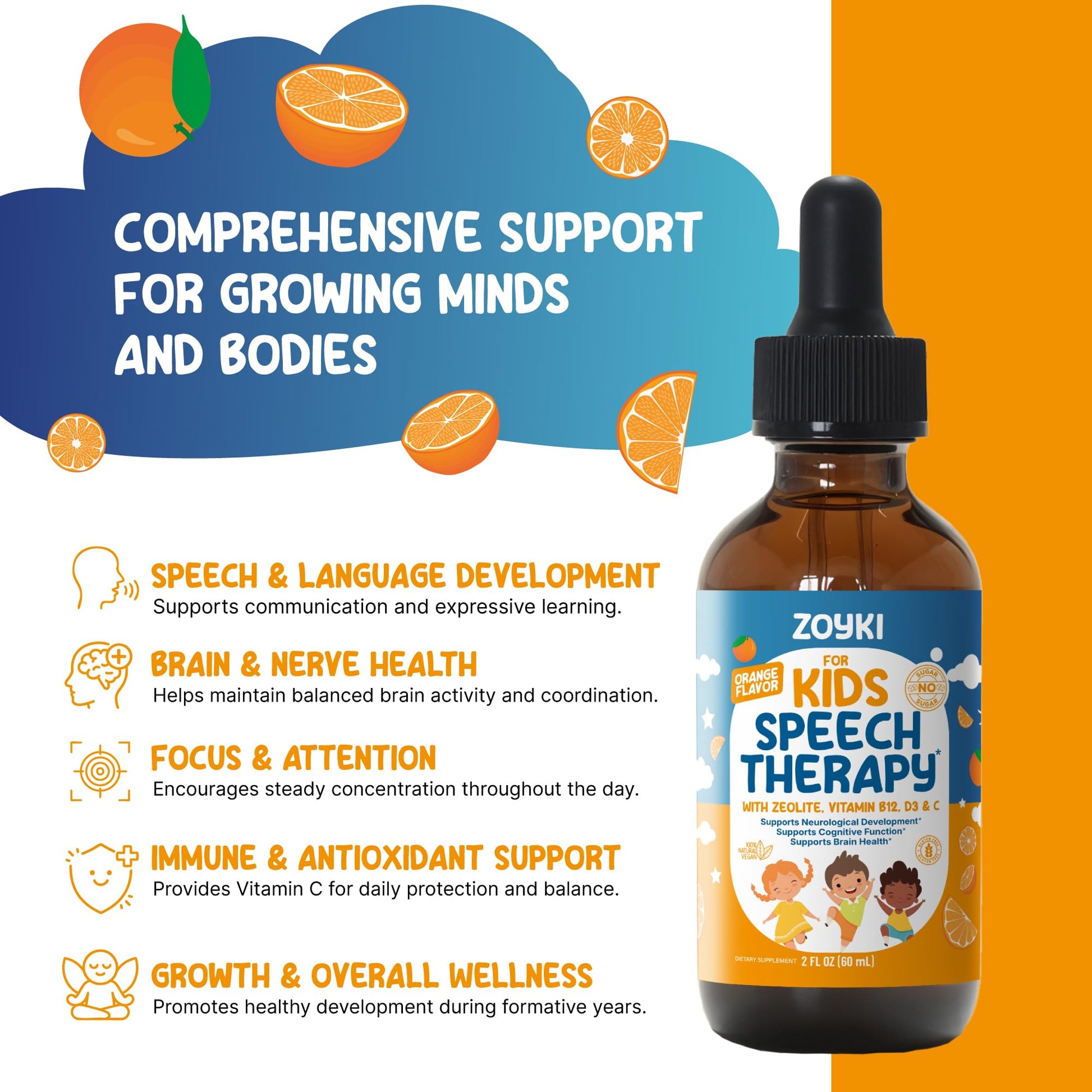 Zoyki Speech Therapy Drops for Kids - Speech Support Supplement for Communication Delay Cognitive Function Language & Brain Development with Zeolite Vitamins B12 D3 C - Sugar Free Gluten-Free Vegan ZoykiAu supplements