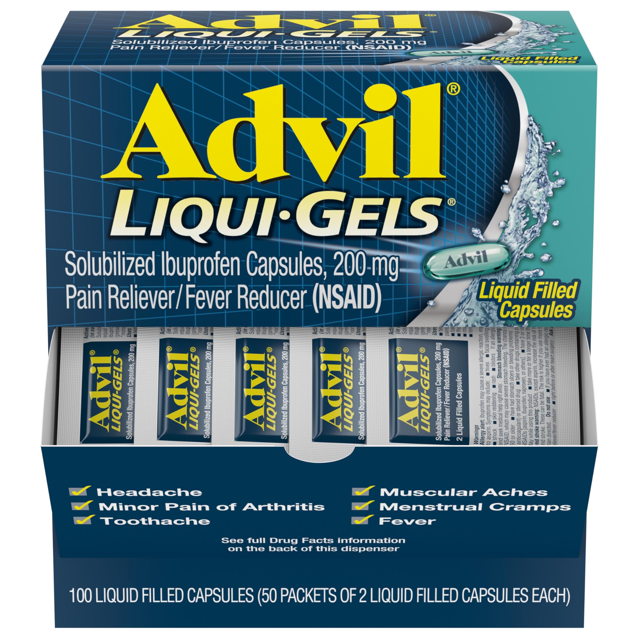 Advil Liqui-Gels Pain Reliever and Fever Reducer, Pain Medicine for Adults with Ibuprofen 200mg for Headache, Backache, Menstrual Pain and Joint Pain Relief - 50x2 Liquid Filled Capsules AdvilAu supplements