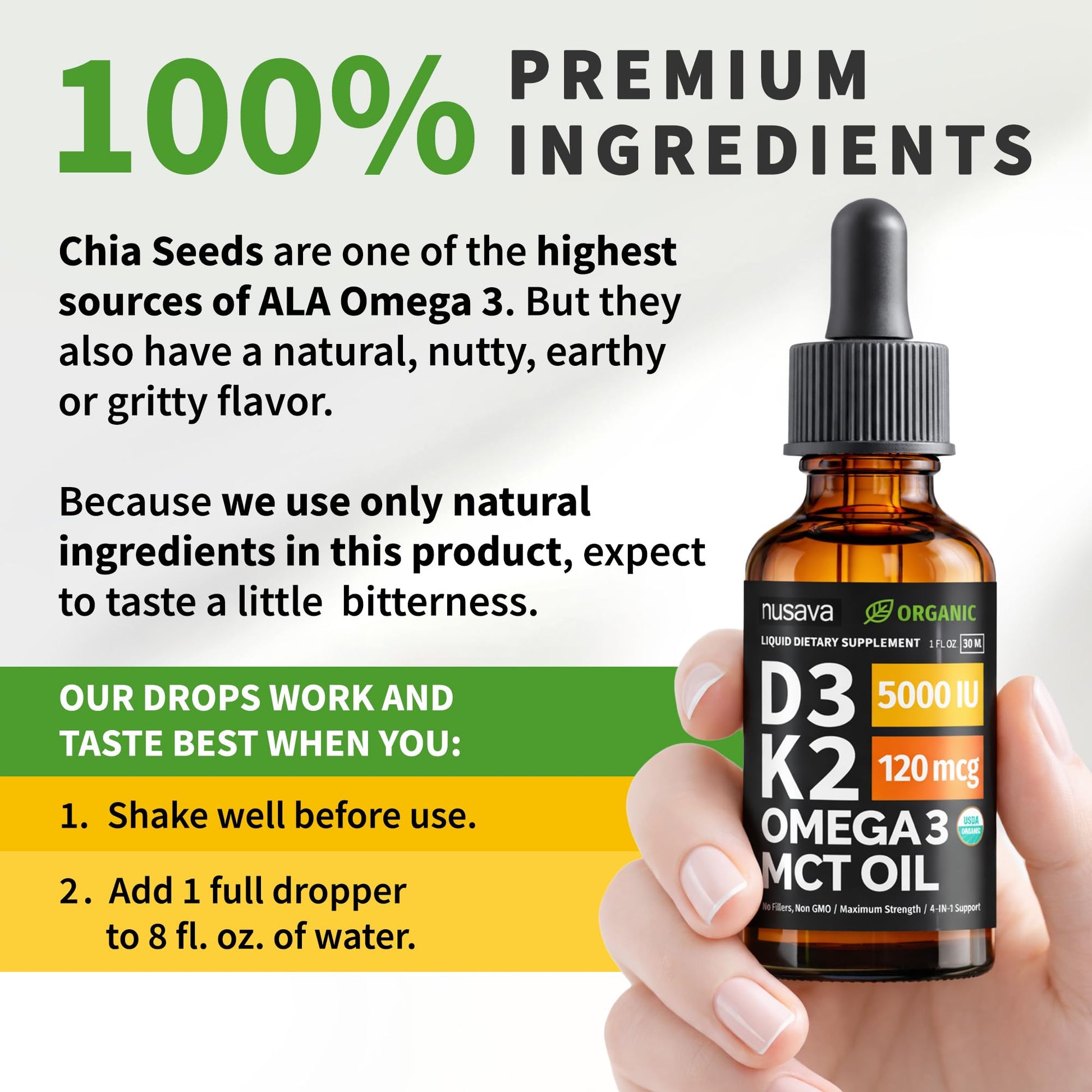 (2 Pack) Organic Vitamin D3 K2 Drops with MCT Oil Omega 3, 5000 IU, Maximum Strength Vitamin D Liquid, No Fillers, Non-GMO Liquid D3 for Faster Absorption and Immune Support (Unflavored, 2 Fl Oz) NUSAVAAu supplements